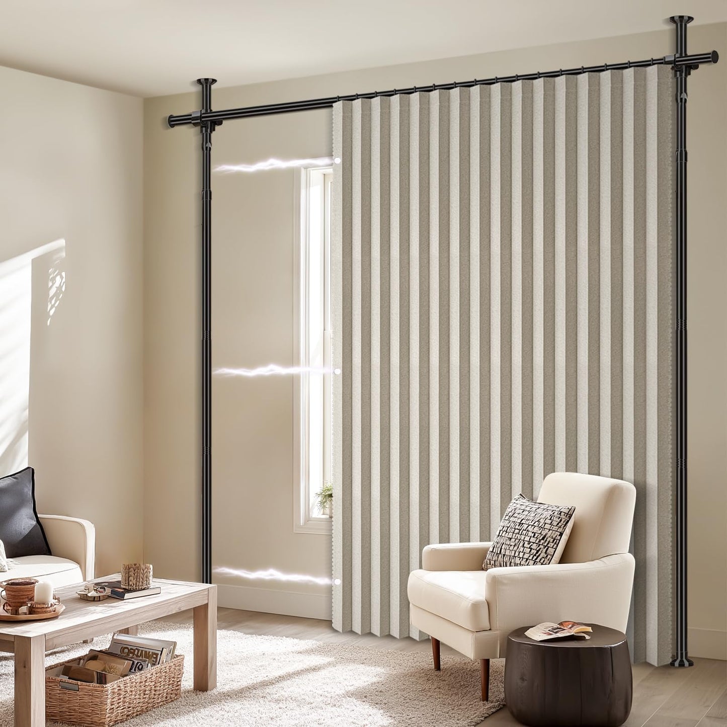 AJAZZ 100% Blackout Room Divider Curtains Sets Cream White W100 x L96 in,1 Panel Curtain Rods No Drilling Adjustable Tension (H) 43-120×(W) 35-100 in for Office Privacy Partition Separator