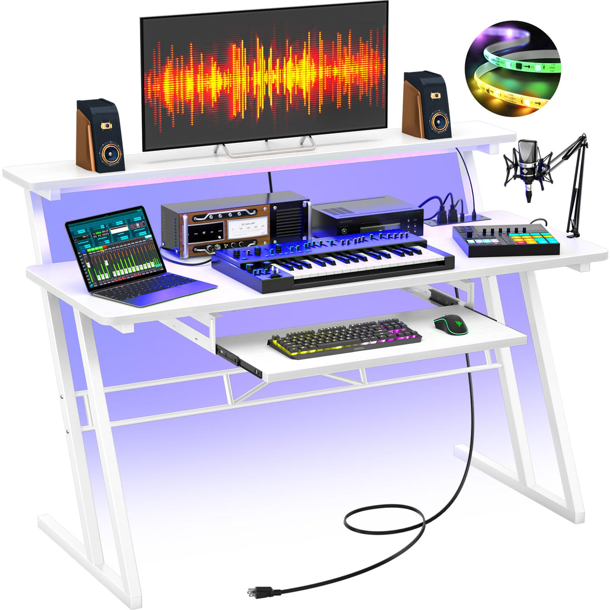 Armocity Music Studio Desk, Music Production Workstation with Power Outlets and RGB LED Lights, Recording Studio Table Desks Music Producer for Home, White