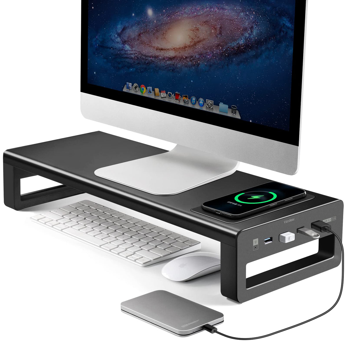 Vaydeer Wireless Charging and USB 3.0 Monitor Stand, Monitor Riser for Desk with Storage, Single Shelf Holder Raiser Organizer for Computer iMac Laptop PC Screen, Heavy Duty Gift Gaming Studio Office