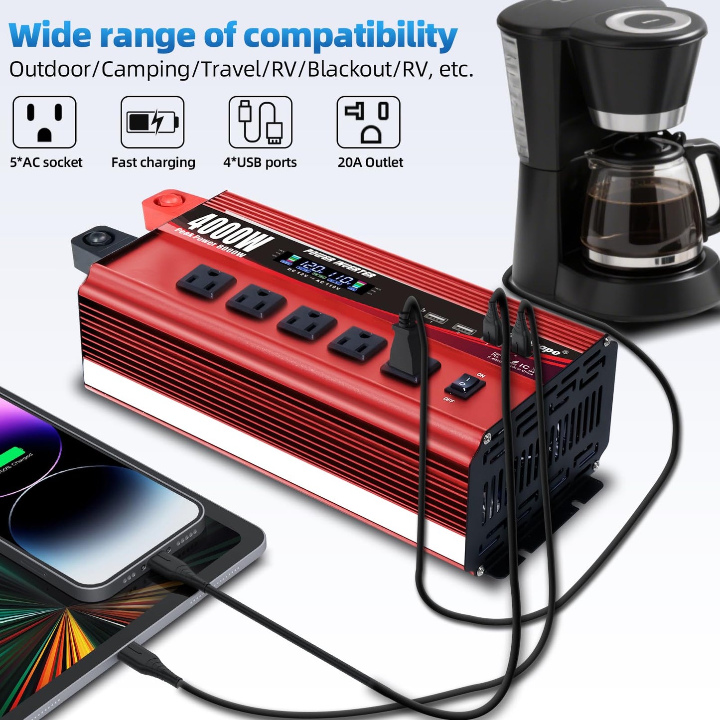 Cantonape 4000W Power Inverter 12V to 110V/120V DC to AC with LCD Display, Remote Controller 5 x AC Outlets and 4 x 3.1A USB Car Adapter for Car Truck Boat RV Solar System