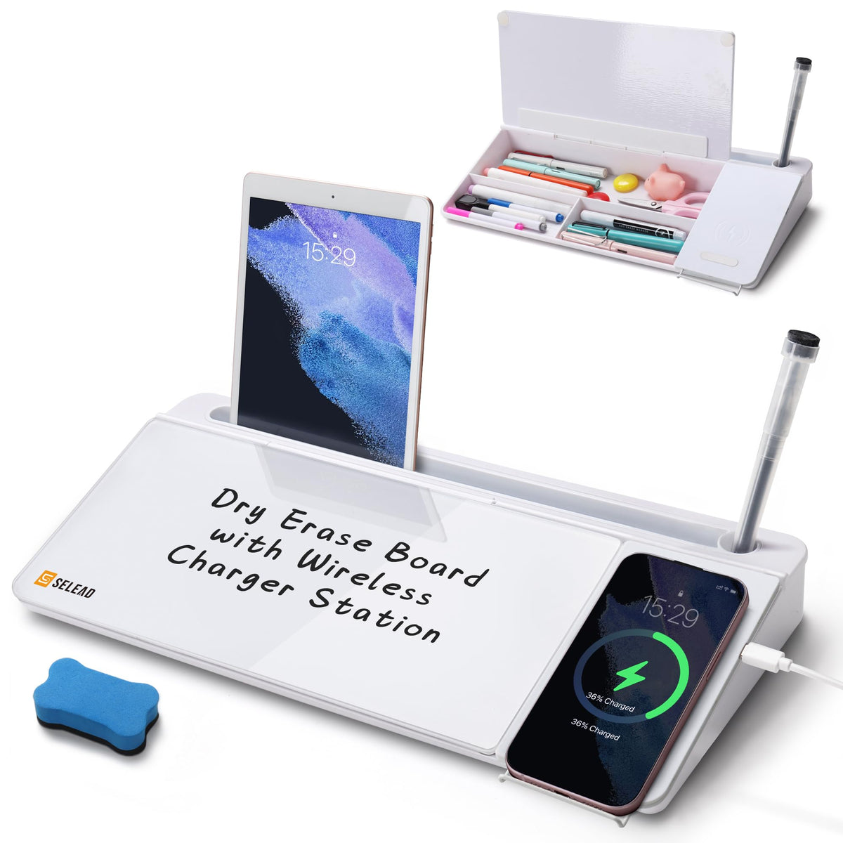 SELEAD Desktop Glass Whiteboard with Wireless Charger Station, Dry Erase Board Computer Pad Keyboard Stand with Organizer Drawer for Home, School, Office Desk Accessories, White