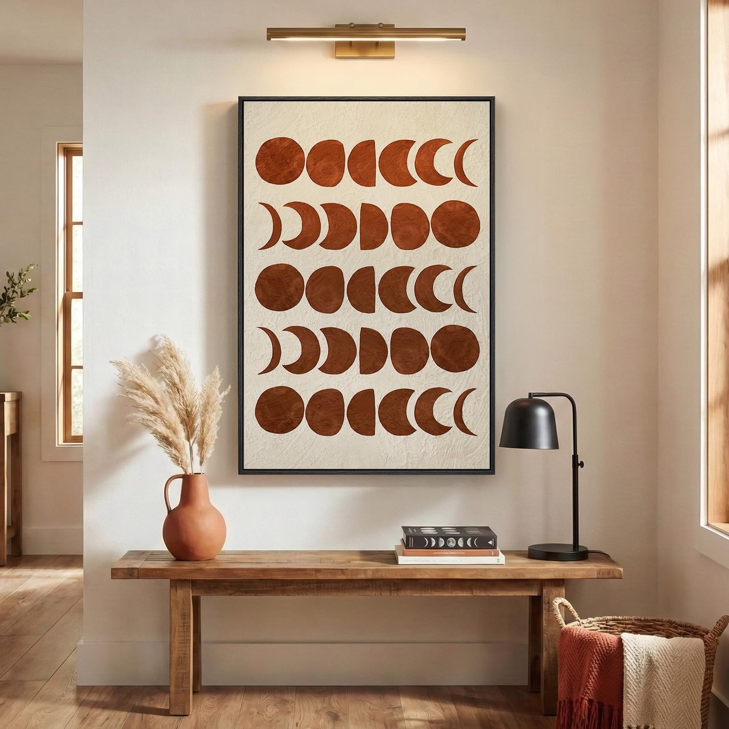 Framed Mid Century Modern Moon Phase Wall Art for Living Room, Neutral Brown Beige Boho Geometric Print Canvas Artwork for Walls, Vertical Pictures Wall Decor for Bedroom Home Office Hallway, 24x36 In