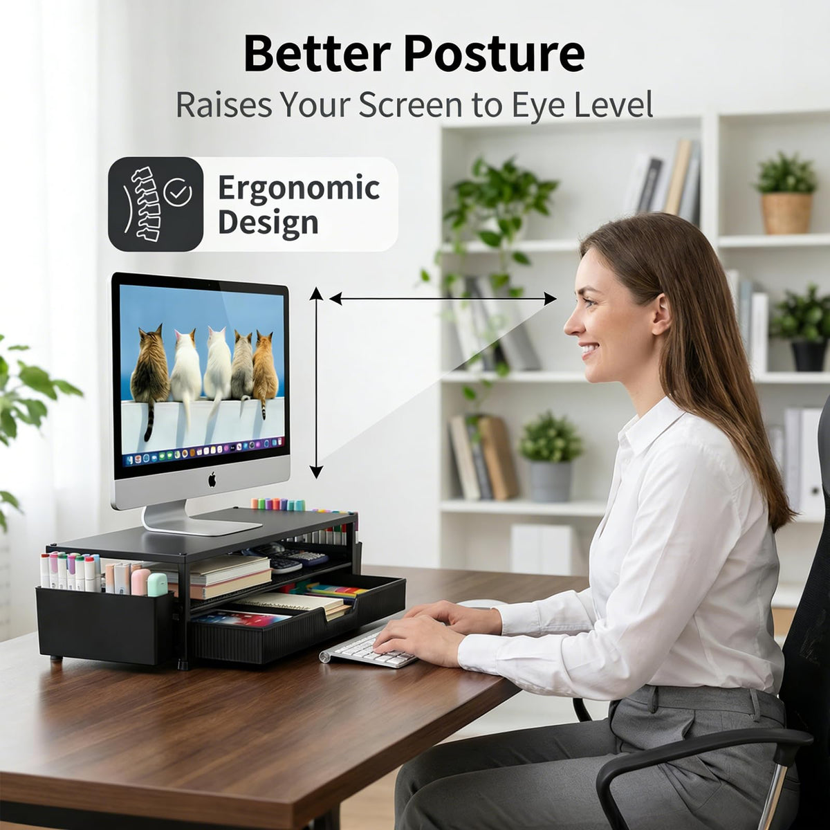 ECOLOVI Desk Organizer and Accessories, 2-Tier Computer Monitor Stand Rise with Storage Drawer & 2 Pen Holders, Laptop & Printer Stand for Desktop, Workspace Organizers for Office Supplies (Black)