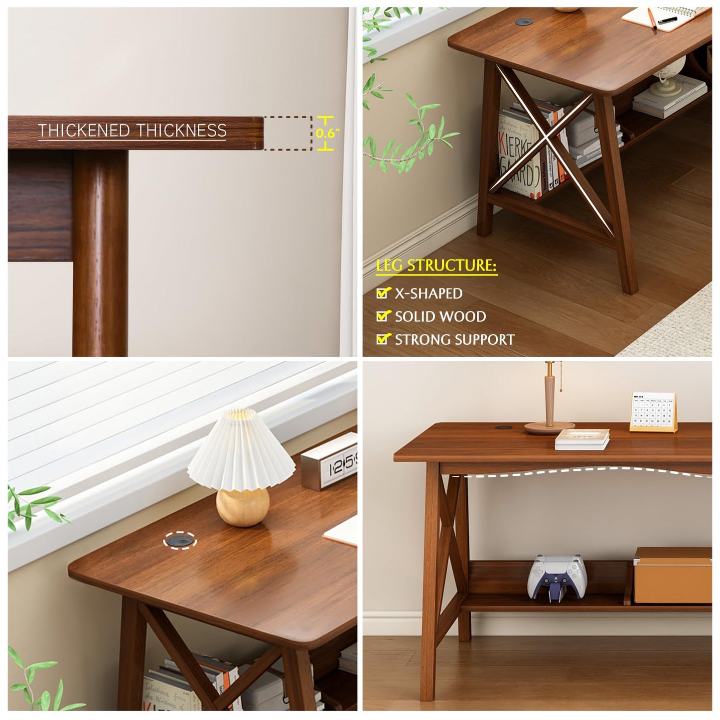 NELYE Extra Long Desk with Bookshelf - Wooden Home Office Work Study Table, 2-Person Writing Computer Workstation with Storage Shelf in Walnut, 63" Wx20 Dx30 H
