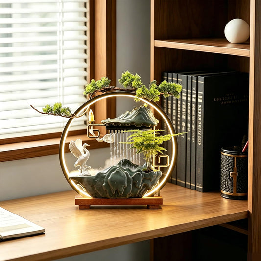 Tabletop Water Fountains Indoor Waterfall Fountain with Mist LED Light Feng Shui Wealth Desk Fountain with Backflow Incense Holder Zen Decor for Meditation (Crane)