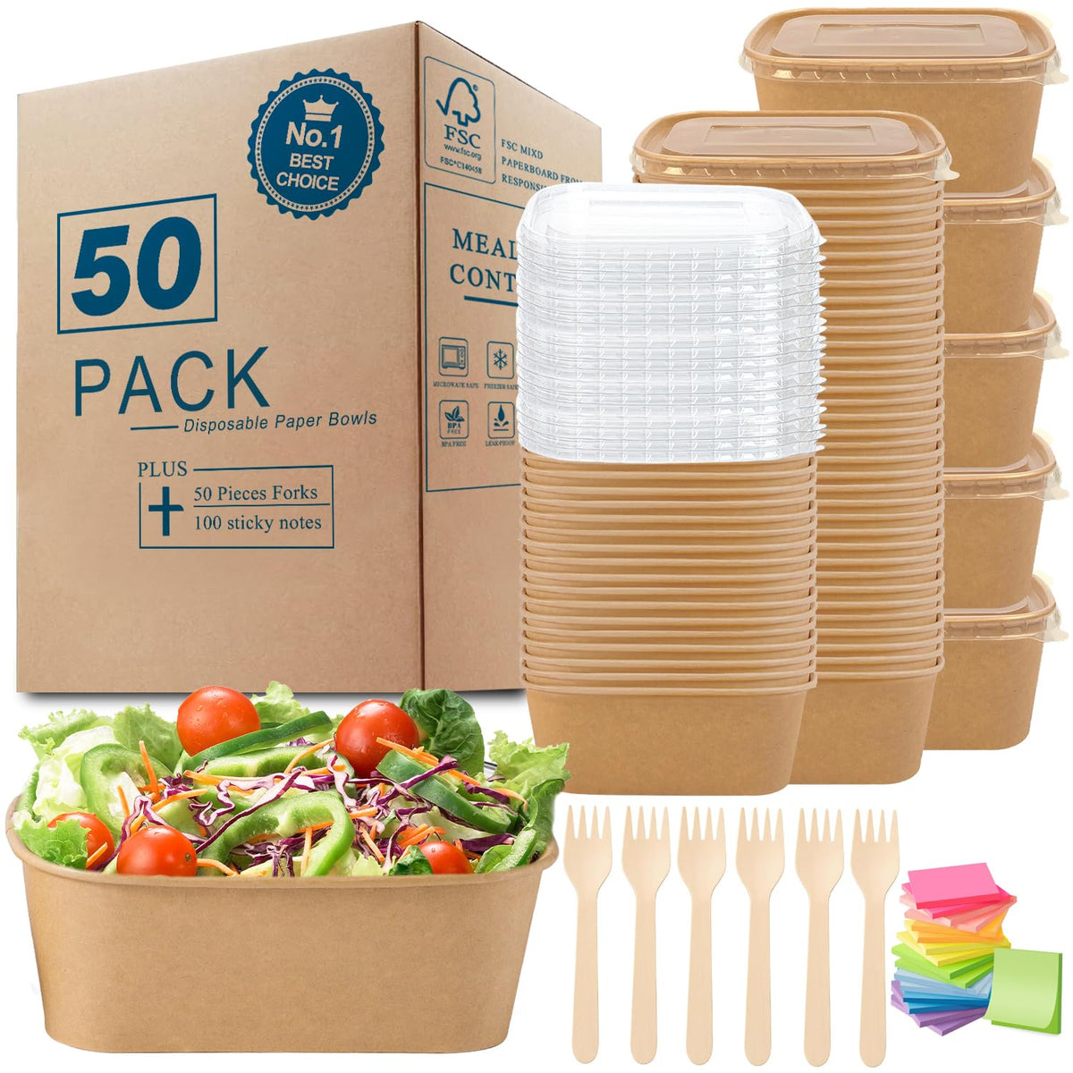MINCOCO 50 Count Paper Bowls Disposable Meal Prep Containers with Lids【Includes 50 Wooden Forks + 100 Labels】 Salad Food Containers Freezer & Microwave Safe Leakproof Soup Bowls (19 Ounce, 50-Count)