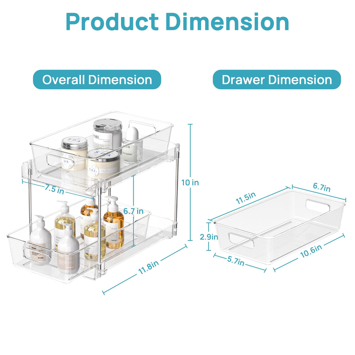 Vtopmart 2 Tier Bathroom Storage Organizer, 2 Pack Clear Under Sink Organizers Vanity Counter Container, Cabinet Drawers Bins, Pull-Out Organization with Track for Pantry, Kitchen