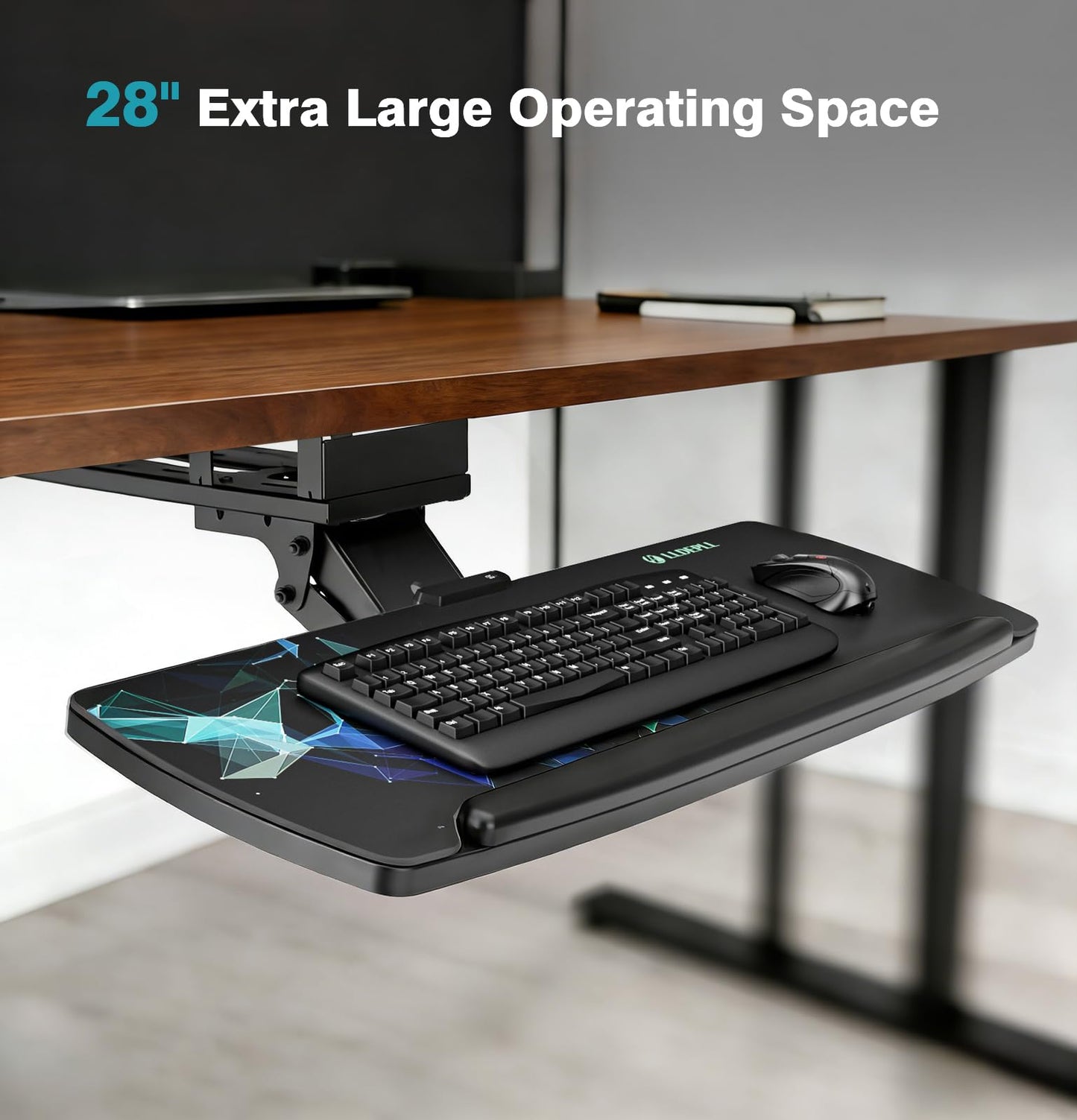 Keyboard Tray Under Desk with Storage Drawer, Height Adjustable Keyboard Tray Slide Out 360° Swivel Tilt, Ergonomic Under Desk Mount Keyboard & Mouse Pad Lighting for Gaming Home Office