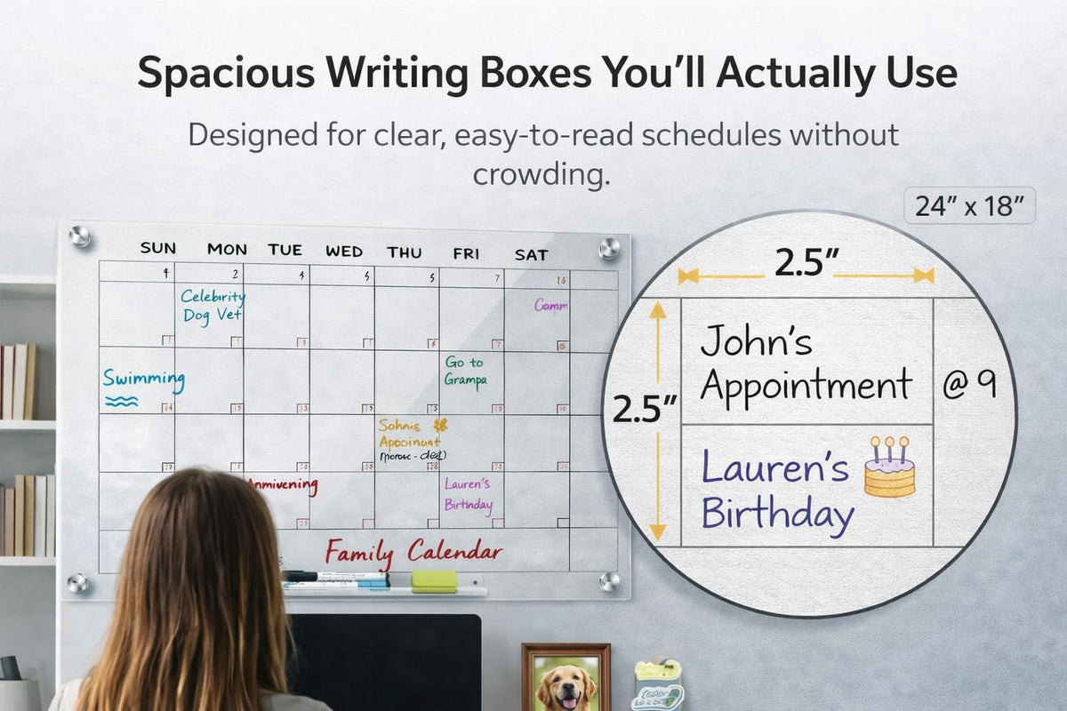 Acrylic Wall Calendar – Medium Clear Dry Erase Wall Calendar 24x18 – Acrylic Monthly Wall Planner for Home, Office & Family – Reusable Transparent Wall Calendar with Markers