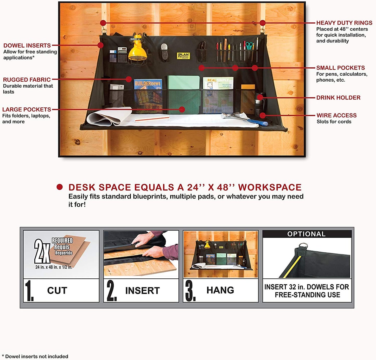 Plan Station PRO WS3800 Portable Standing Desk, Workbench, Station, Storage for Jobsite, Garage, Office, Shop, Hanging Work Surface, Black