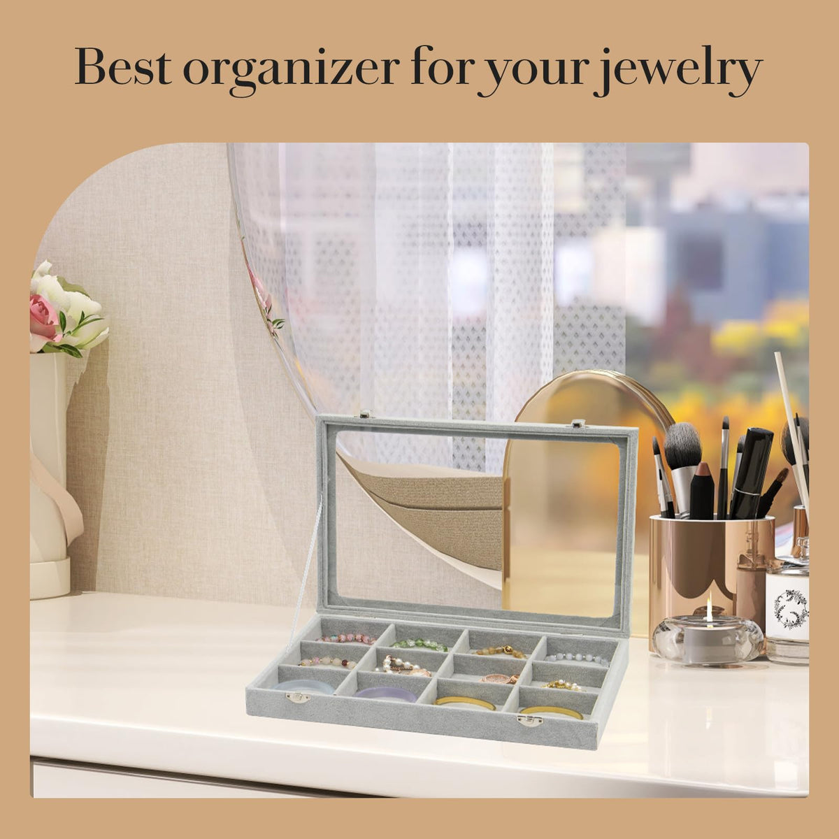 KOOAAICCHI Jewelry Organizer Bracelet Organizer Storage Box 12 Grid Stackable Jewelry Tray with Lid Velvet Jewelry Box Case Organizer for Home Drawer Desk or Store Selling Show(Velvet Grey)