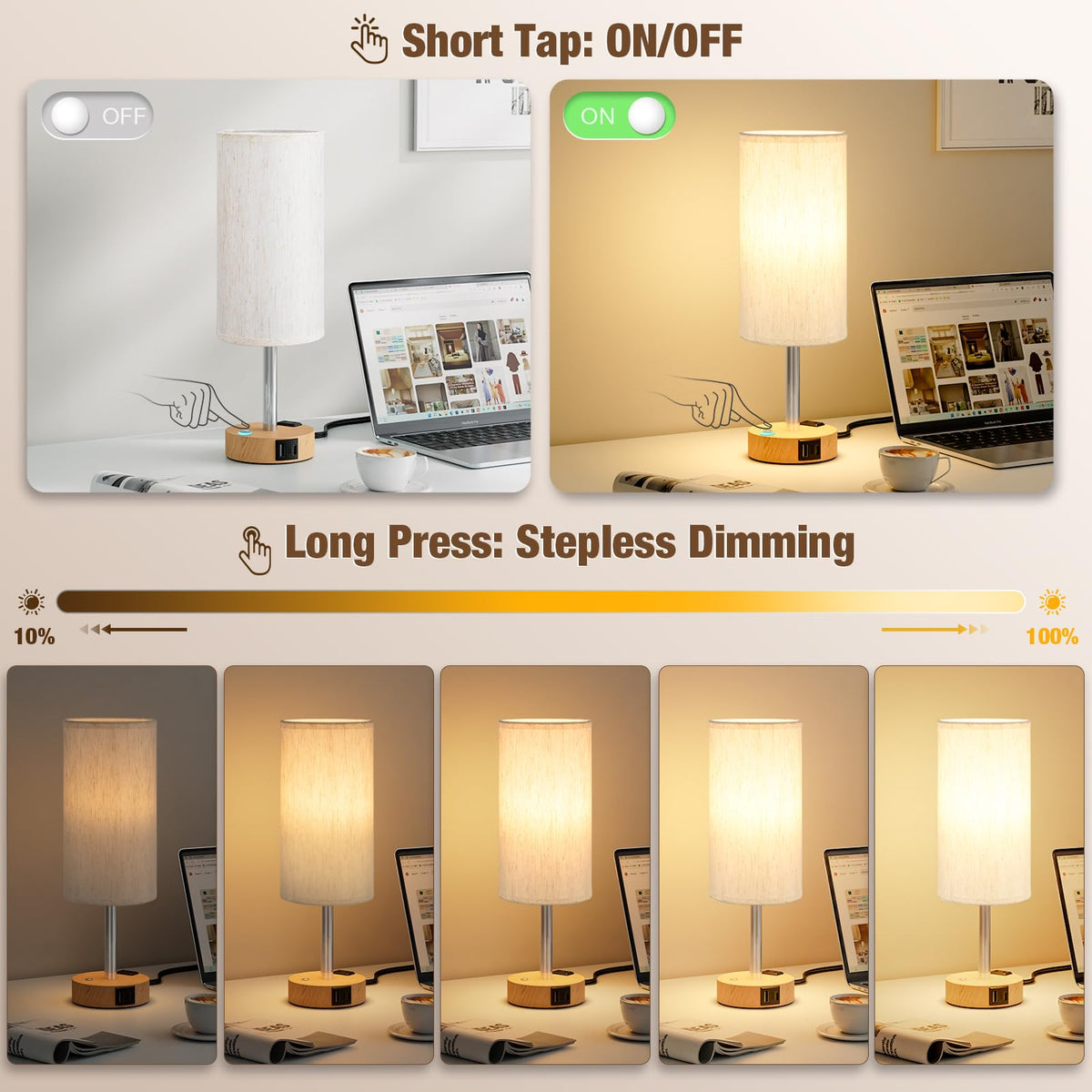Touch Bedside Table Lamp with Memory - Stepless Dimmable Lamp for Bedroom, Small Nightstand Lamp with Dual USB Charging Ports and AC Outlet, Wood Night Light, Deak Lamp for Nursery, Living Room, Dorm