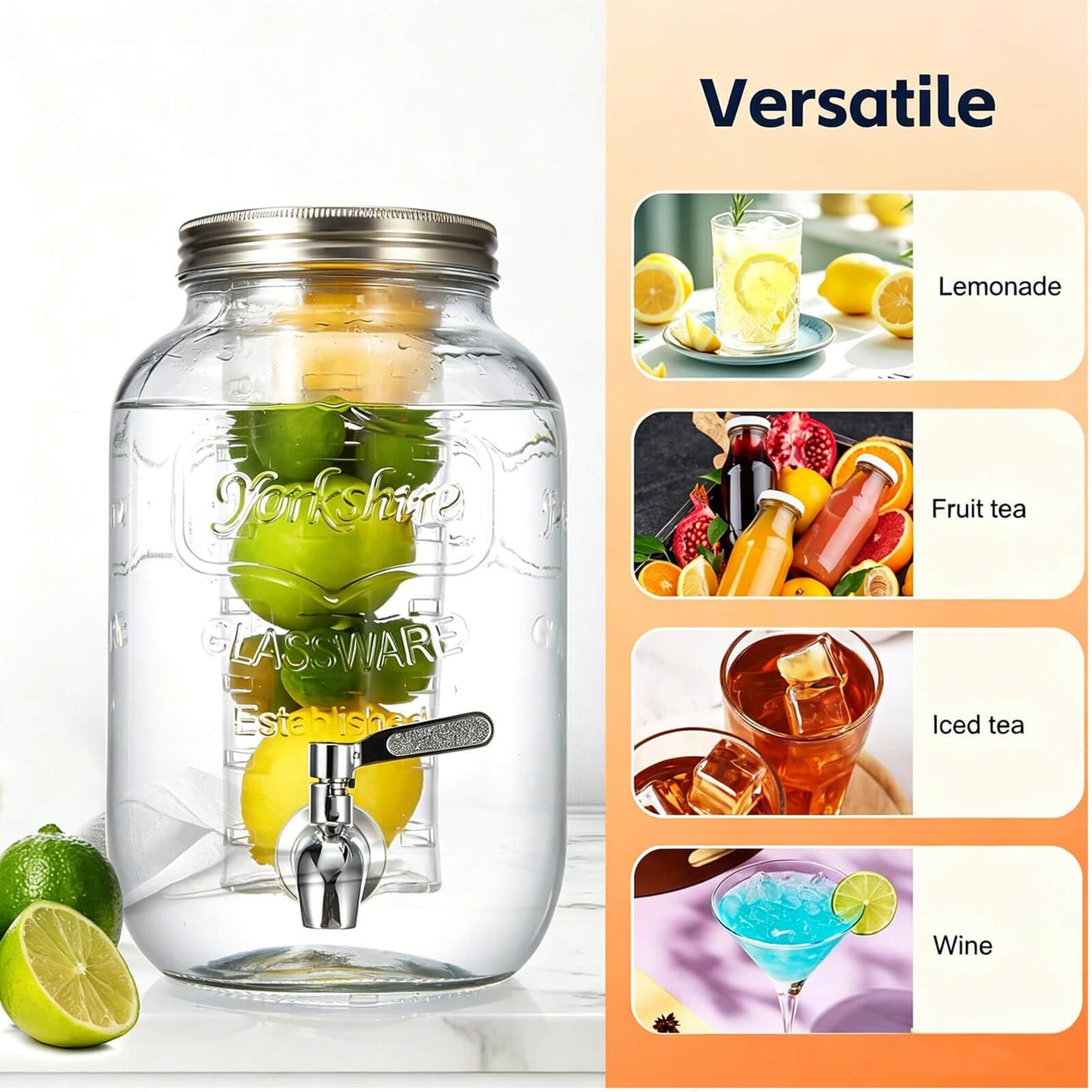 2 Gallon Drink Dispensers for Parties, 2 Pack Glass Beverage Dispenser with Stand & 18/8 Stainless Steel Spigot, Lemonade Jug for Wedding, Picnic, BBQ