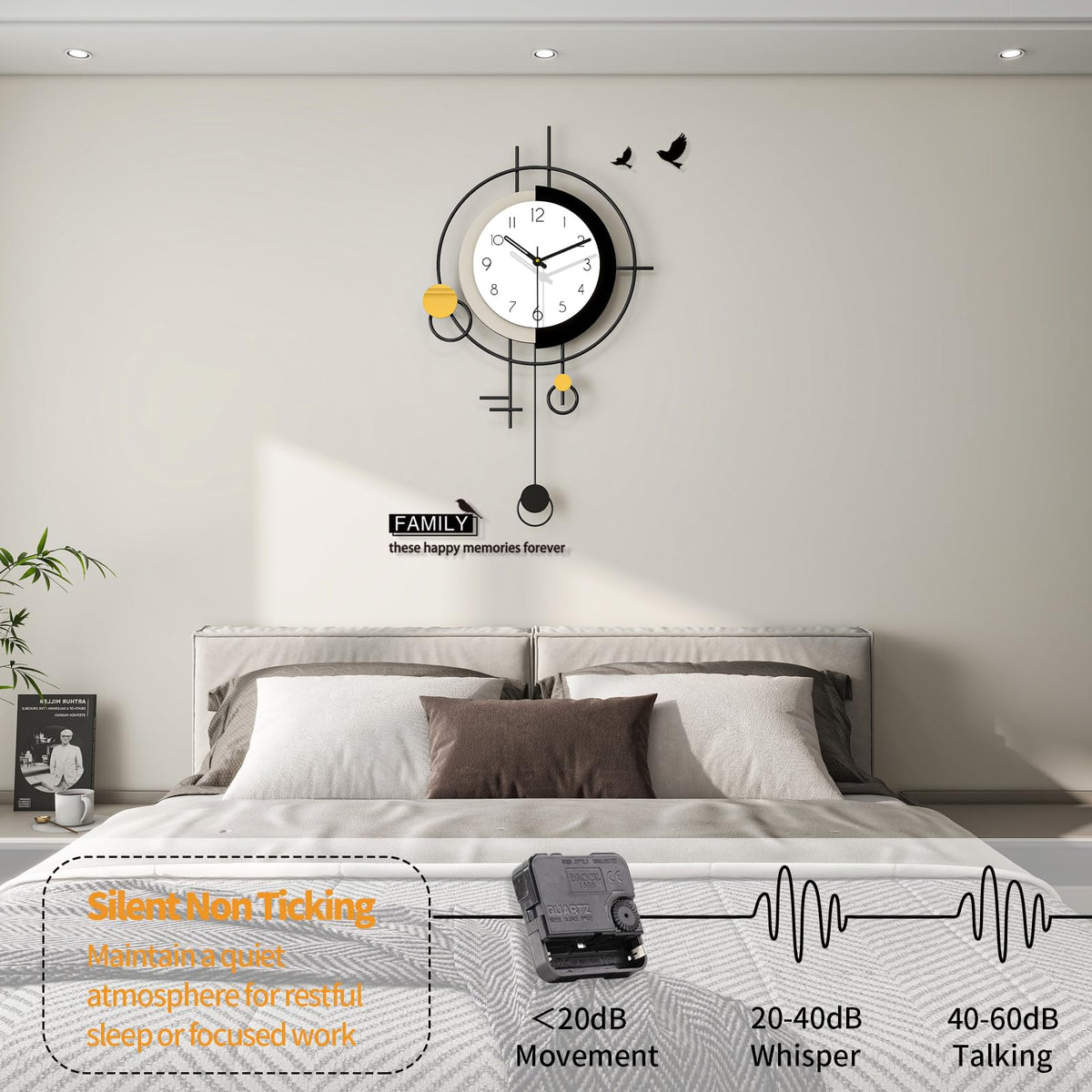 FLEBLE Large Wall Clock Decorative Modern Clock with Pendulum Silent Non-Ticking Battery Operated Black Metal Clock Wall for Living Room Kitchen Bedroom Office Home Decor, 15.7x27.6inch