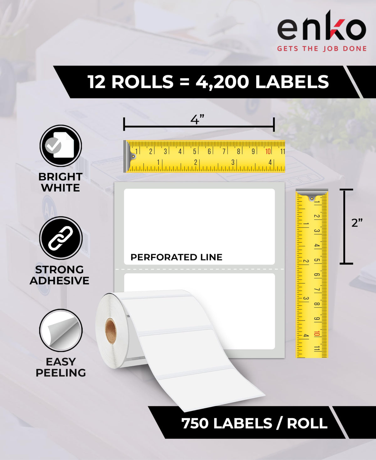 enKo 4" x 2" Labels for Zebra Desktop Printers (12 Rolls | 9,000 Labels) - Direct Thermal Address Mailing Shipping Barcode FBA Stickers FNSKU Label for Zebra and Eltron (Perforated)