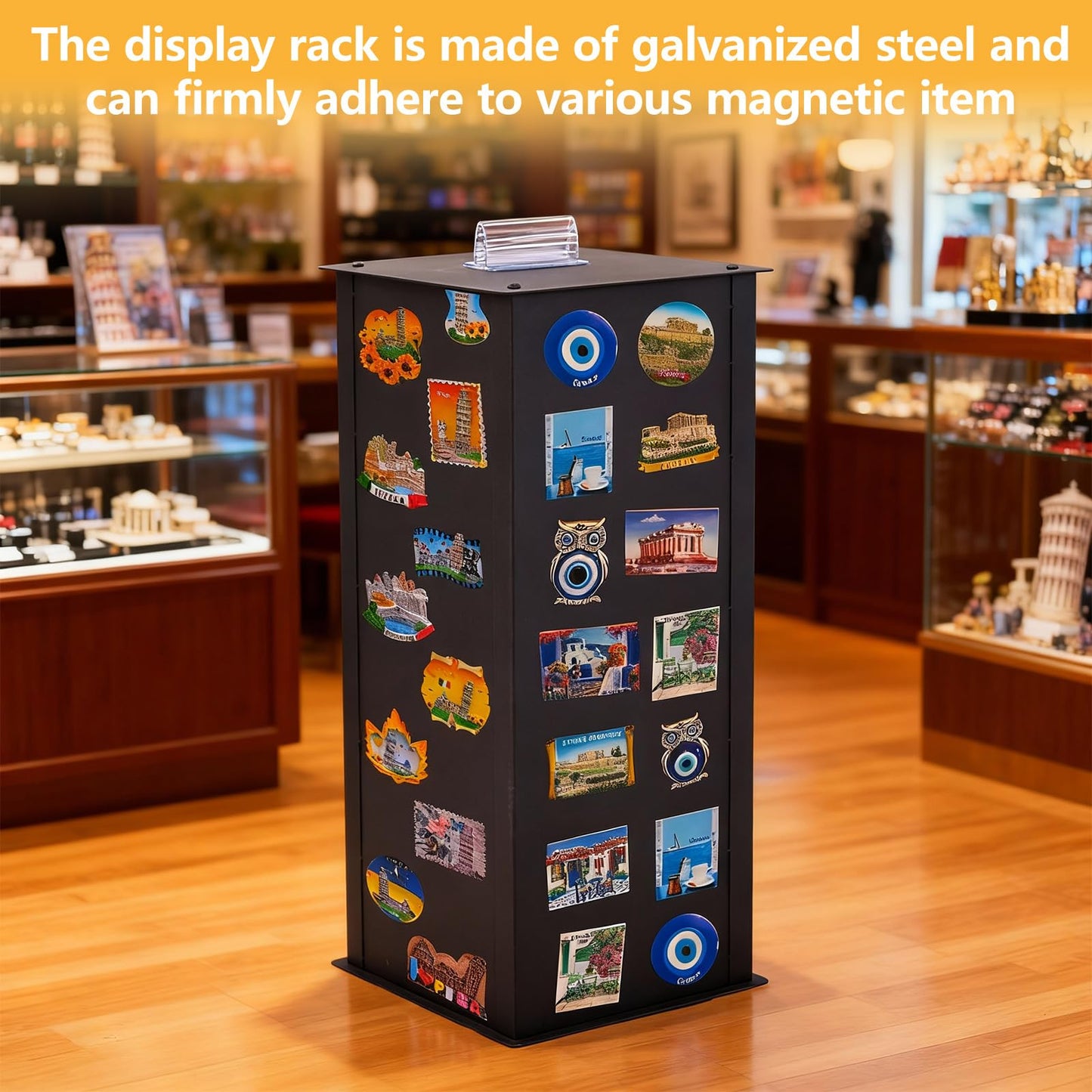 LEIFIDE 19 × 8 1/2 × 8 1/2 inch Rotating Metal Black Four-Sided Magnetic Display Stand, suitable for magnetic keychains, jewelry, badges, models, jewelry fridge magnets, etc