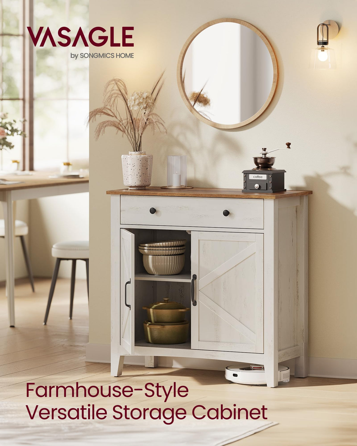 VASAGLE LIRY Collection - Buffet Cabinet, Coffee Bar Cabinet with a Drawer, Adjustable Shelf, Sideboard Storage with Cable Hole, Drawer Divider, Rustic White and Honey Brown UBBK341W01