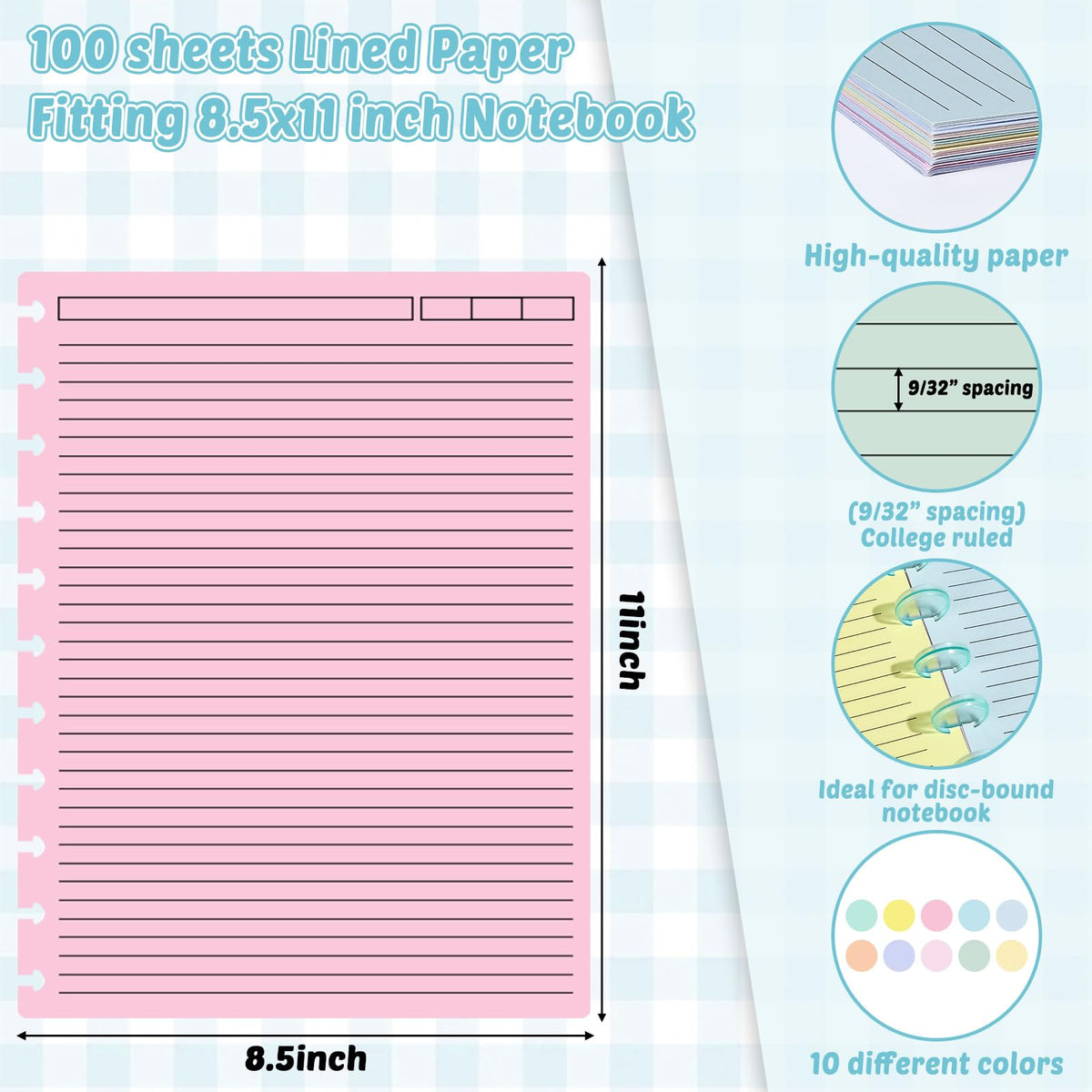 gisgfim 100 Sheets Letter Size Discbound Lined Refill Paper 8.5 x 11 Inch College Ruled Notebooks Planner Inserts 11 Disc Discbound Loose Leaf Paper Thicken for Writing School Office Supplies(Macaron)