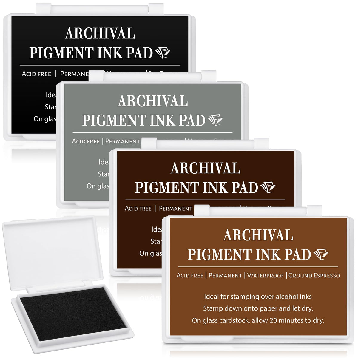 MotiMind 4 Pcs 4 Colors Archival Pigment Waterproof Ink Pad for Stamps 3.7 x 2.5 Inch Permanent Waterproof Ink Pad for Card Making, Stamping, Scrapbooking Gift