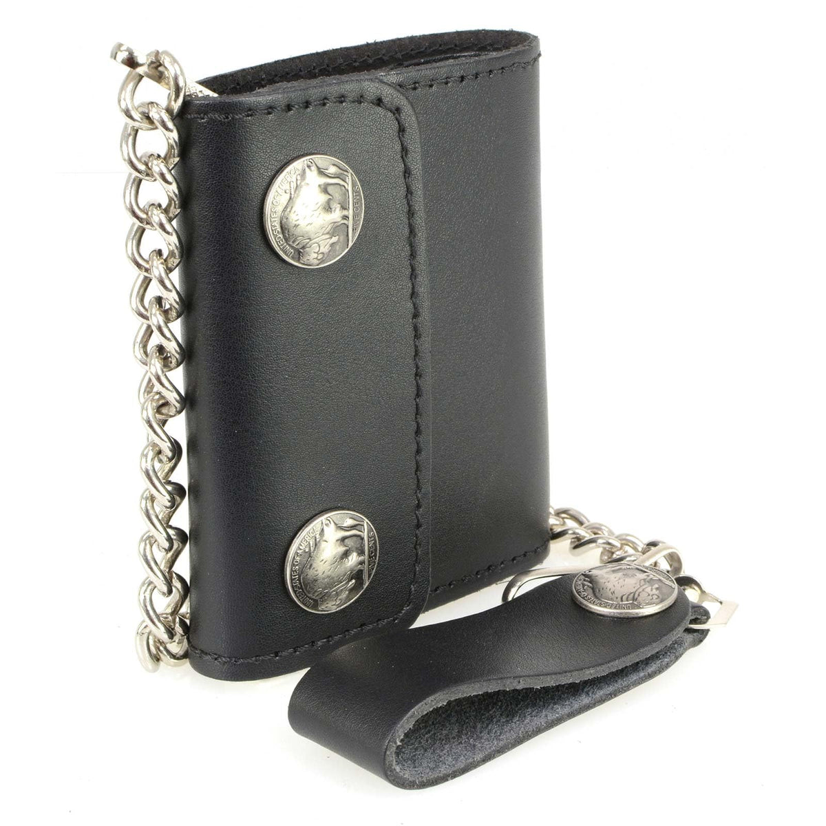 Milwaukee Leather MLW7821 Men's 4” Leather Biker Tri-Fold Wallet w/Buffalo Nickel Snaps Wallet w/Anti-Theft Stainless Steel Chain - One Size