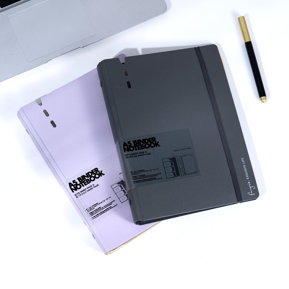 CAGIE A5 Binder 6 Ring Notebook with Dividers Refillable Planner Binder with Pockets, Refill Paper Include Planning Square Ruled and Dotted Pages, 6.89 x 9.25 in, (Grey and Purple, A5 Daily&Dot Page)