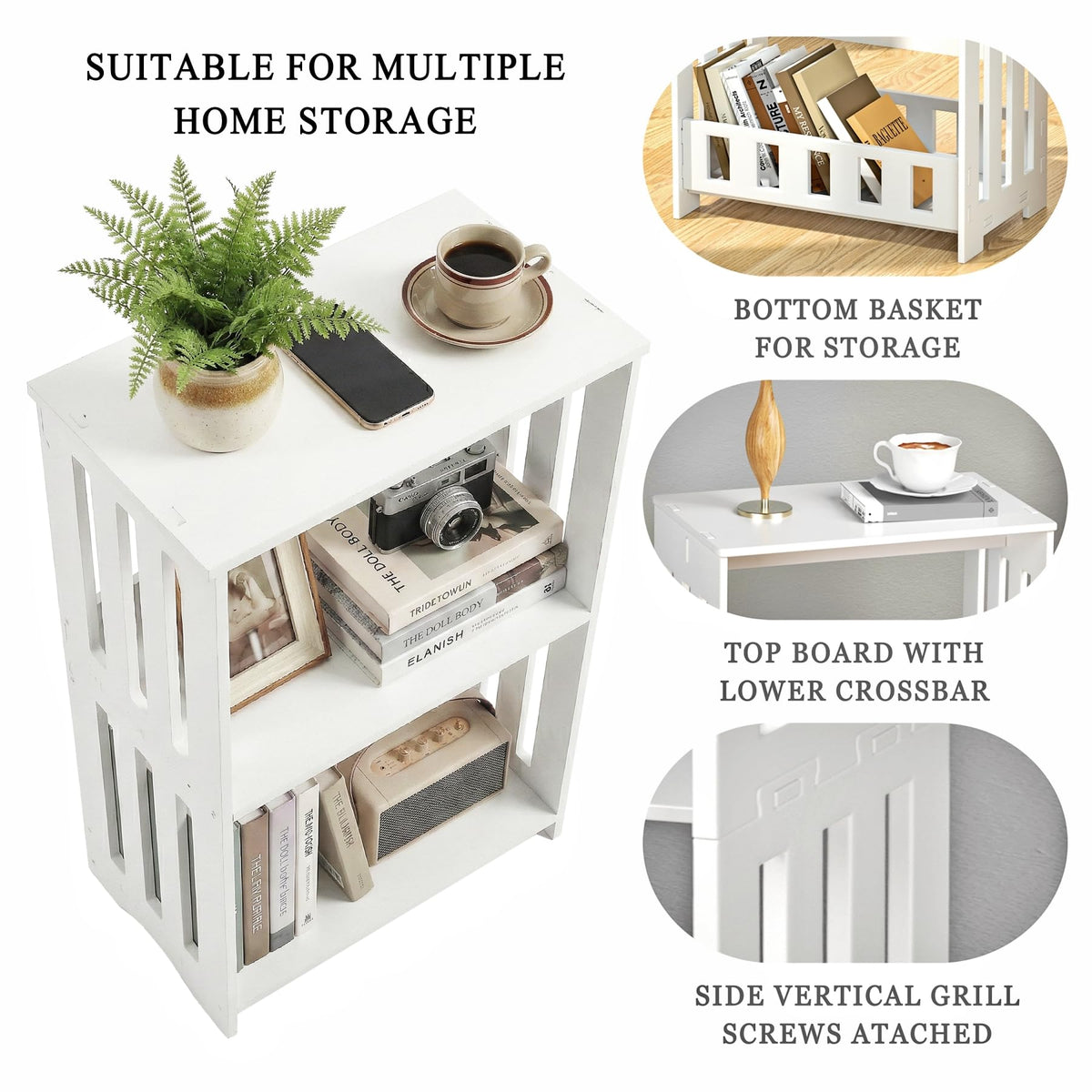 HAYOFAMY 3-Tier End Table Nightstand White, Narrow Side Table with Storage Shelf, Small Bookshelf Bedside Table for Bedroom, Living Room, Office, Bathroom