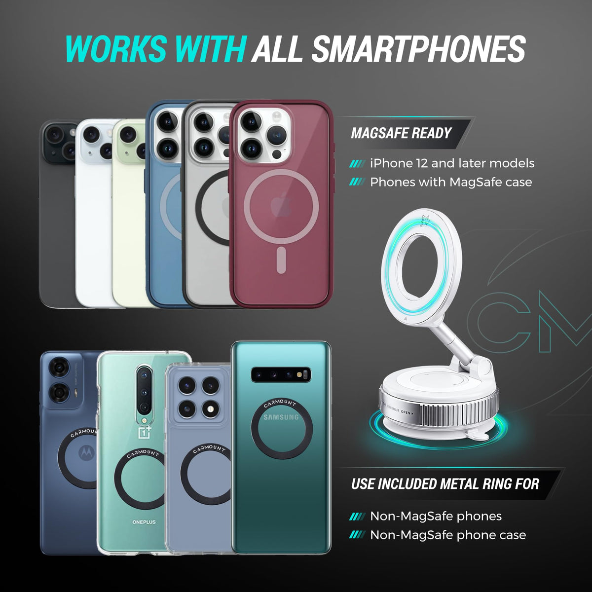 CARMOUNT Clutch-X™ White – Upgraded Vacuum Phone Mount Suction Cup Car Phone Holder for iPhone, Window Phone Mount, 360° Vacuum Magnetic Phone Holder for Car, Magnetic Phone Holder with Suction Cup