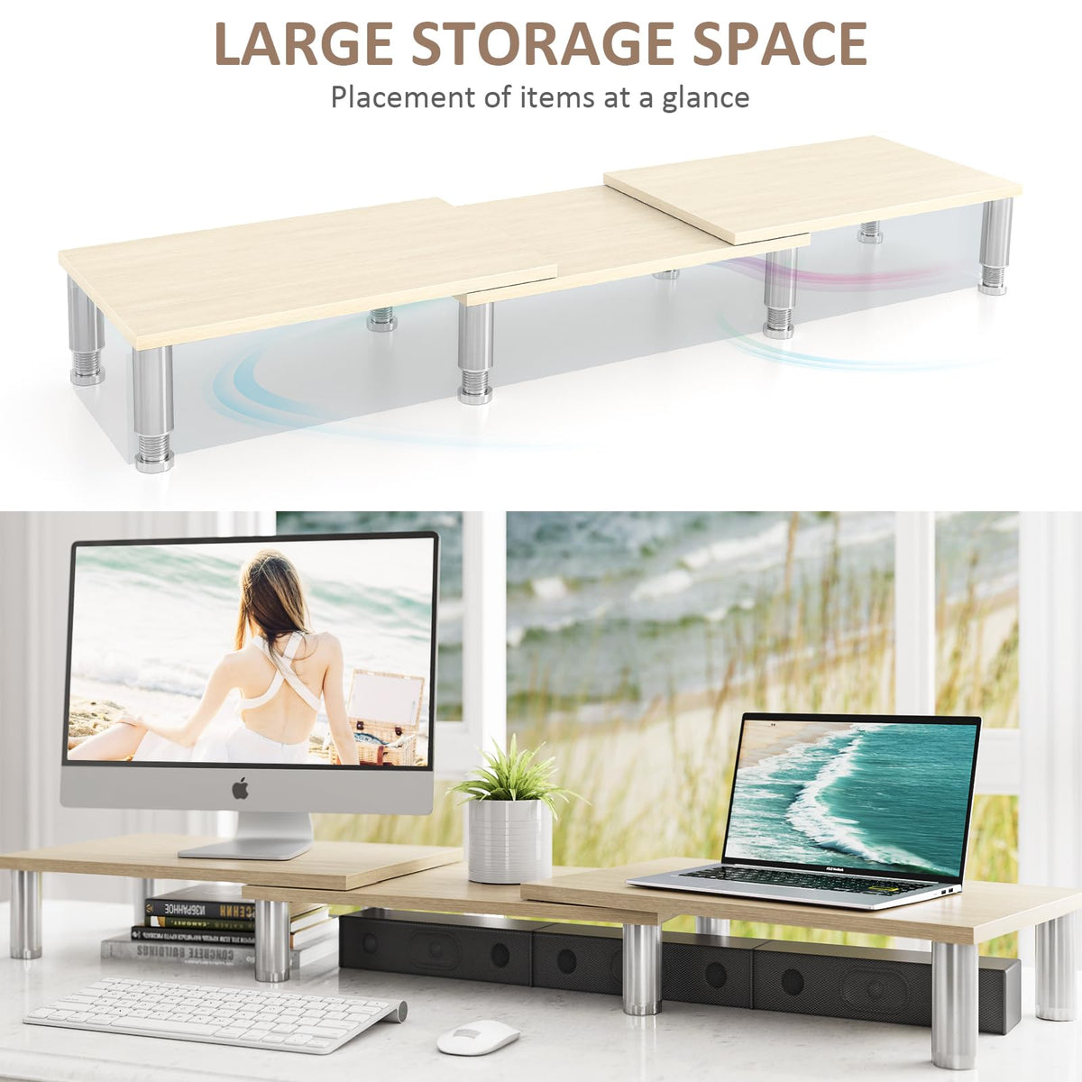 AX Waber Dual Monitor Riser - Adjustable Length & Angle, Wooden Stand for 2 Monitors with Storage