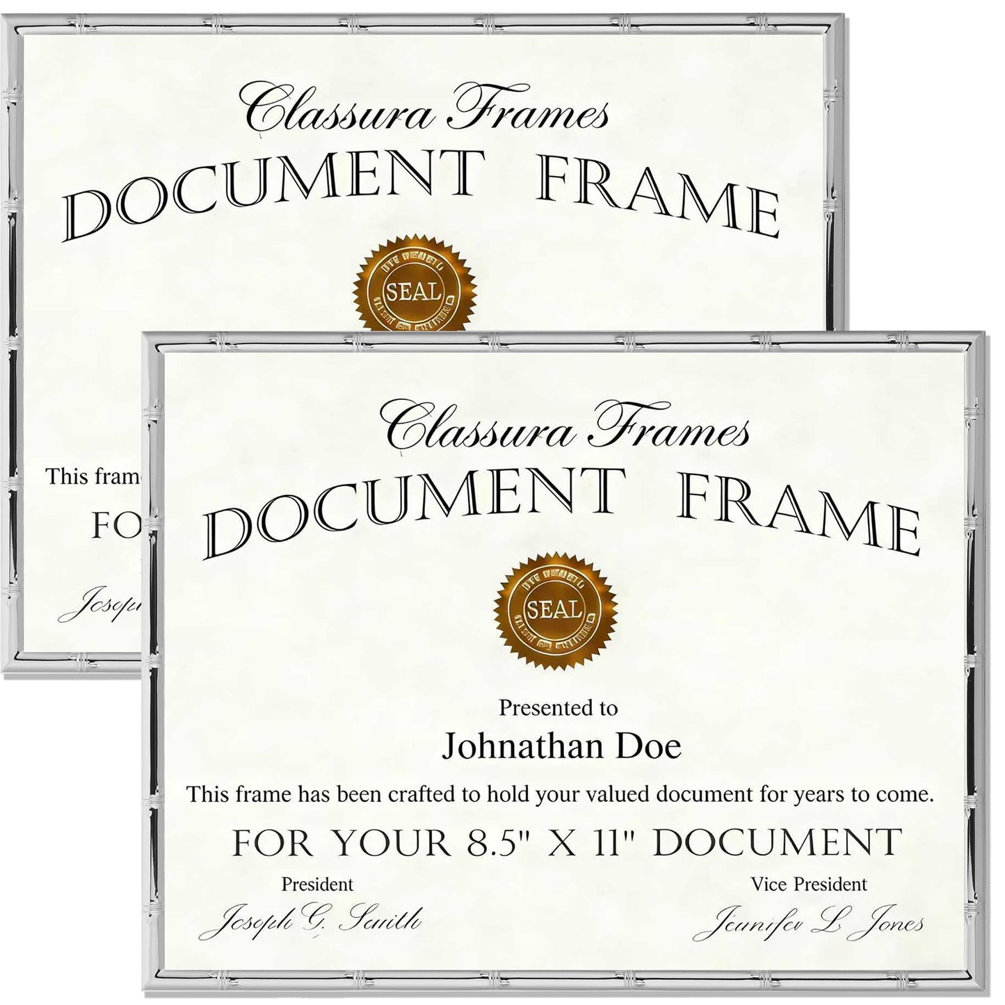 YiPinYin Silver 8.5x11'' Bamboo Detail Designs Metal Document Frame 2pack,Classy Silver Plated Certificated Frames 8.5x11inch With Soft Touch Velvet & Backing for Desktop and Wall Décor