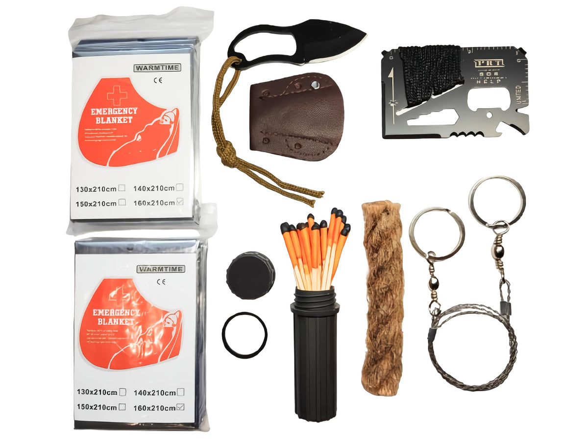 Survival Kit with Windproof Matches (2.6") in Waterproof Case – 2 Thermal Blankets, Fire Rope (1.2"x5.2"), Mini Knife, Wire Saw, 14-in-1 Tool – Bug Out Bag Gear for Camping, Emergency