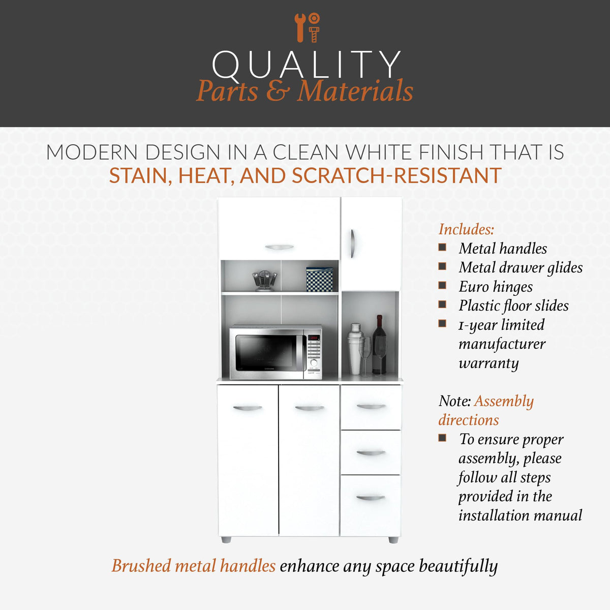 Inval America 4-Door Kitchen Microwave Storage Cabinet with 3 Drawers, Kitchenette Standing Pantry, 71"H x 23.6"W x 17.1"D, White
