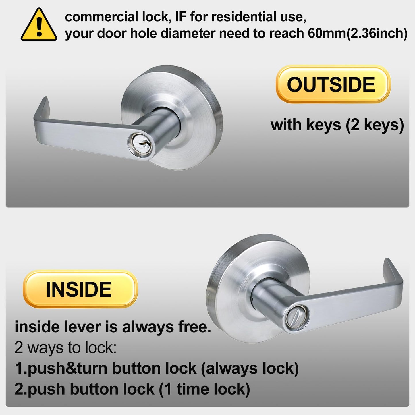 HISAFE Keyed Entry Grade 2 Commercial Door Locks Heavy Duty Office Door Lever, Non-Handed, UL 3 Hour Fire Rated, ADA Compliant, Satin Chrome Finish 26D, 2-3/4''Backset X-XG-ET-70
