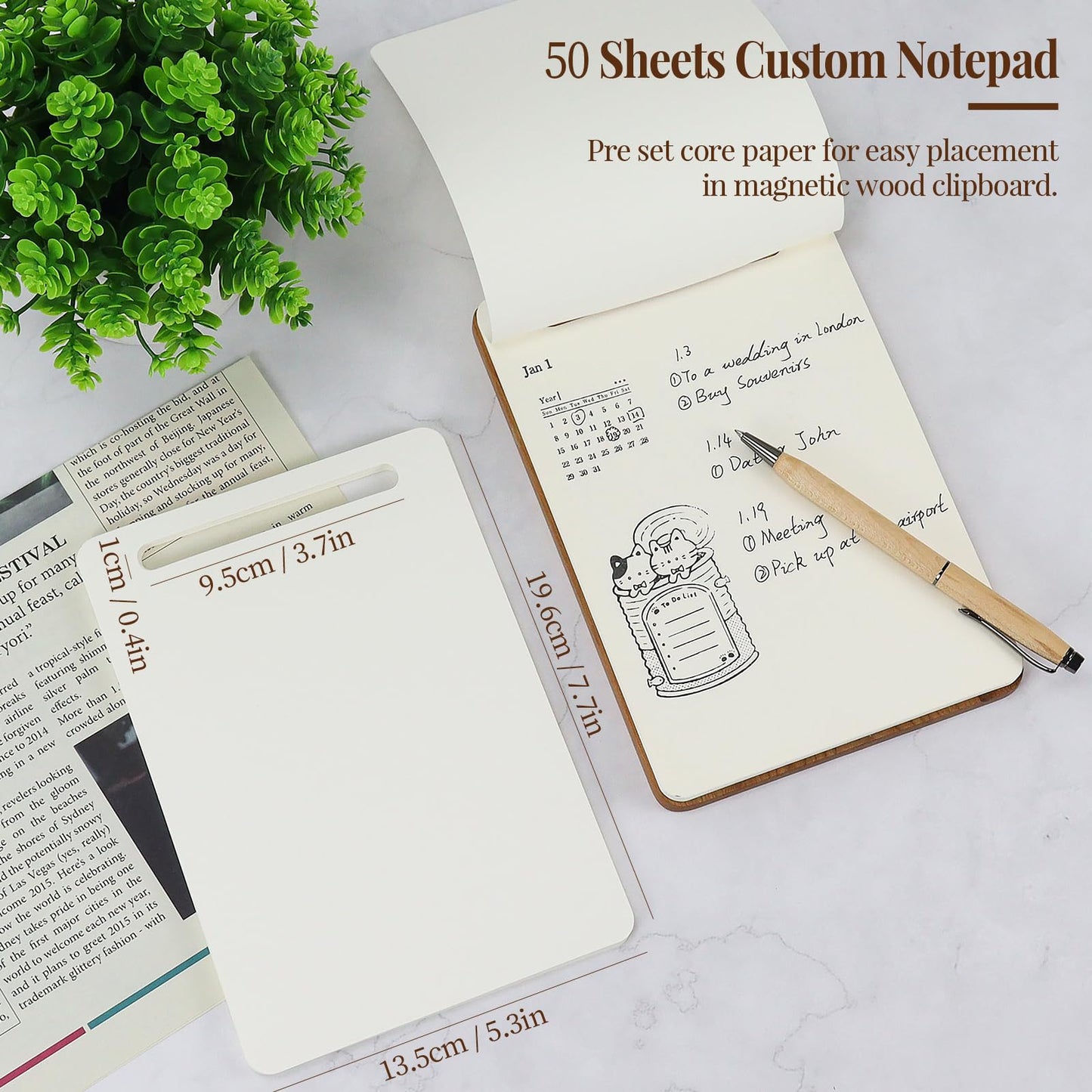 MultiBey Cherry Wood Memo Board - Magnetic Notepad Holder with 50 Custom-Cut Paper Refills and Wood Ballpoint Pen, Flush Writing Surface Wood Board for Menus, Checklists, Office Desk