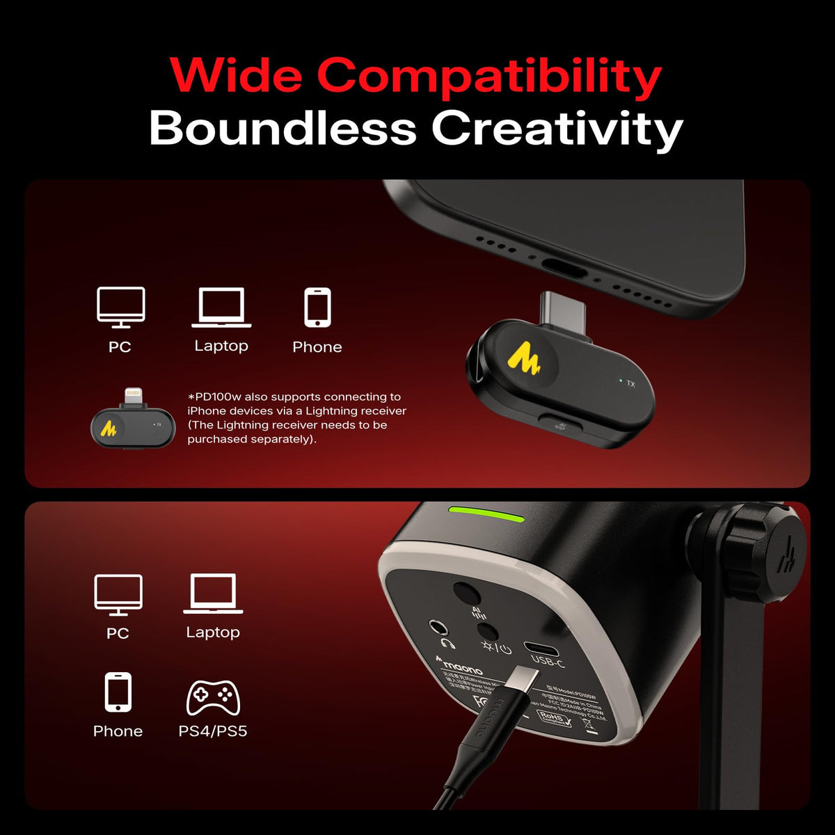 MAONO PD100W USB Wireless Microphone for PC, Gaming Streaming Dynamic Mic with One-Click Noise Reduction,Mute Button,Custom RGB, 3.5mm Headphone Jack, Desktop Podcasting Mic for Computer Phone, Black