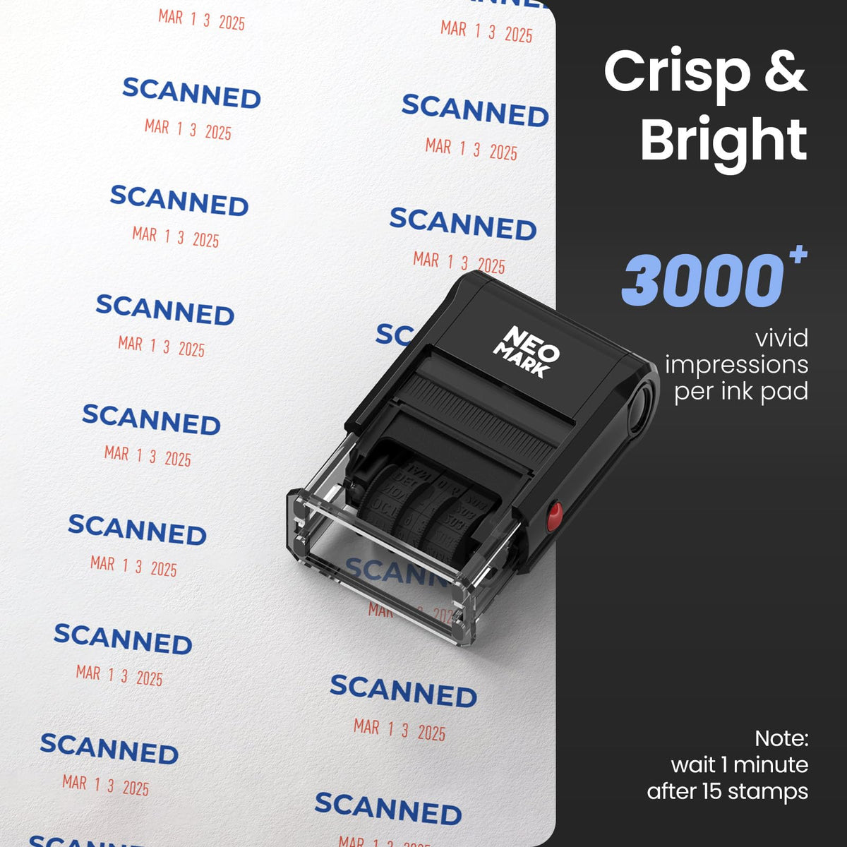NEO MARK Self-Inking Date Office Stamp with Scanned Blue Ink & Date Red Ink, 12-Year Adjustable Rubber Dater, Ideal for Documents, Business & Accounting - with an Extra Refill Ink Pad