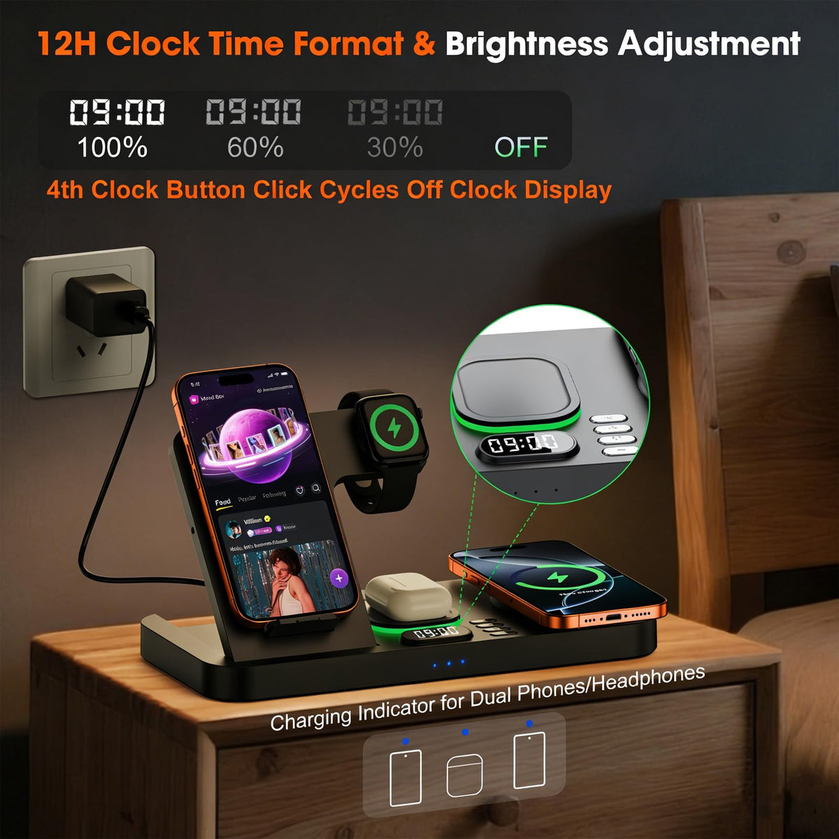 Dual Phone Magnetic Wireless Charging Station for Apple Devices/Apple Ecosystem, 7-Color Auto Light & 12H Clock, Multi-Device Charger for iPhone 17/16/15, for iWatch 11/10/9 & AirPods Pro3(Black