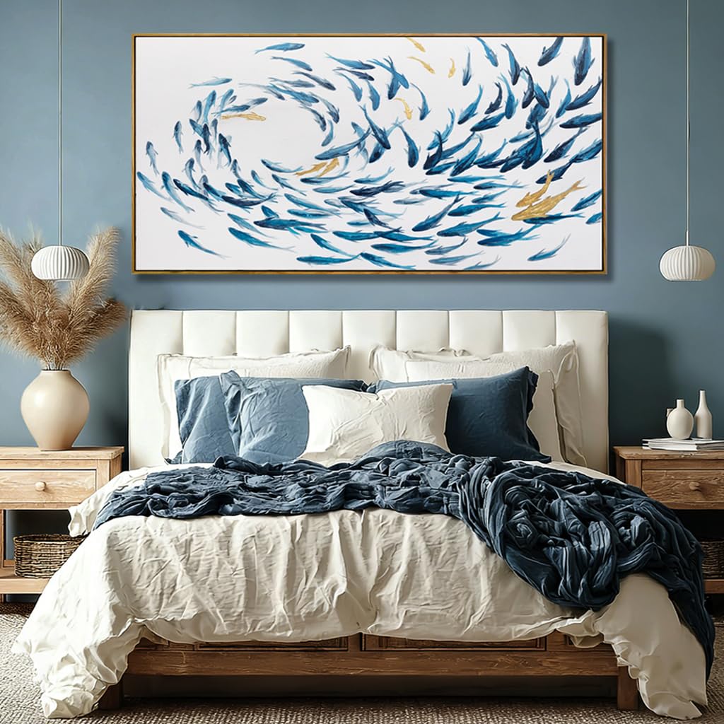 Canvas Wall Art Blue Fish Ocean Sea Framed Artwork Large Pictures Wall Decor Artwork Prints Poster Animal Arts 29"x58"for Living Room Office