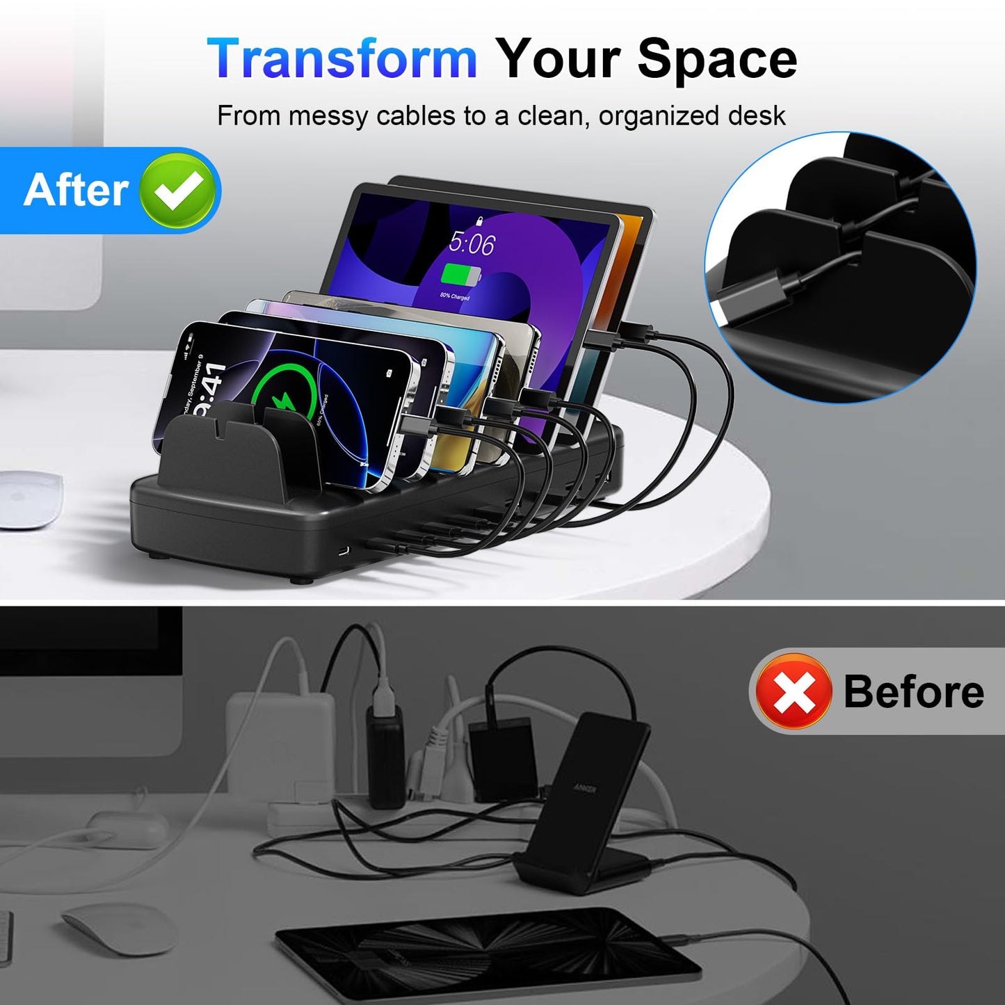 510W Fast Charging Station for Multiple Devices, 10 Port USB C Charger Station with Flame-Retardant Material & 8 Cables for iPhone, Android, iPad, Tablets, Family Office Desk Charging Dock Organizer