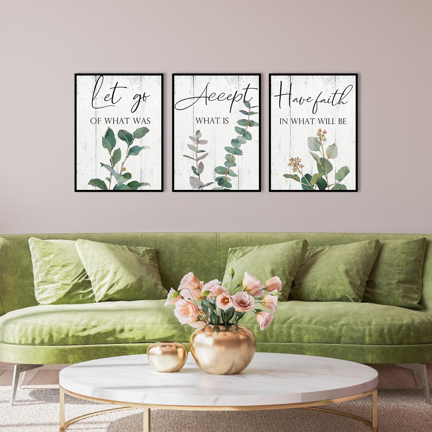 Inspirational Wall Art Office Decor: 3 Piece Motivational Quotes Wall Art 12"x16",Accept Let Go Have Faith Wall Decor for Office,Eucalyptus Pictures Framed Hanging Inspirational Posters for Bedroom