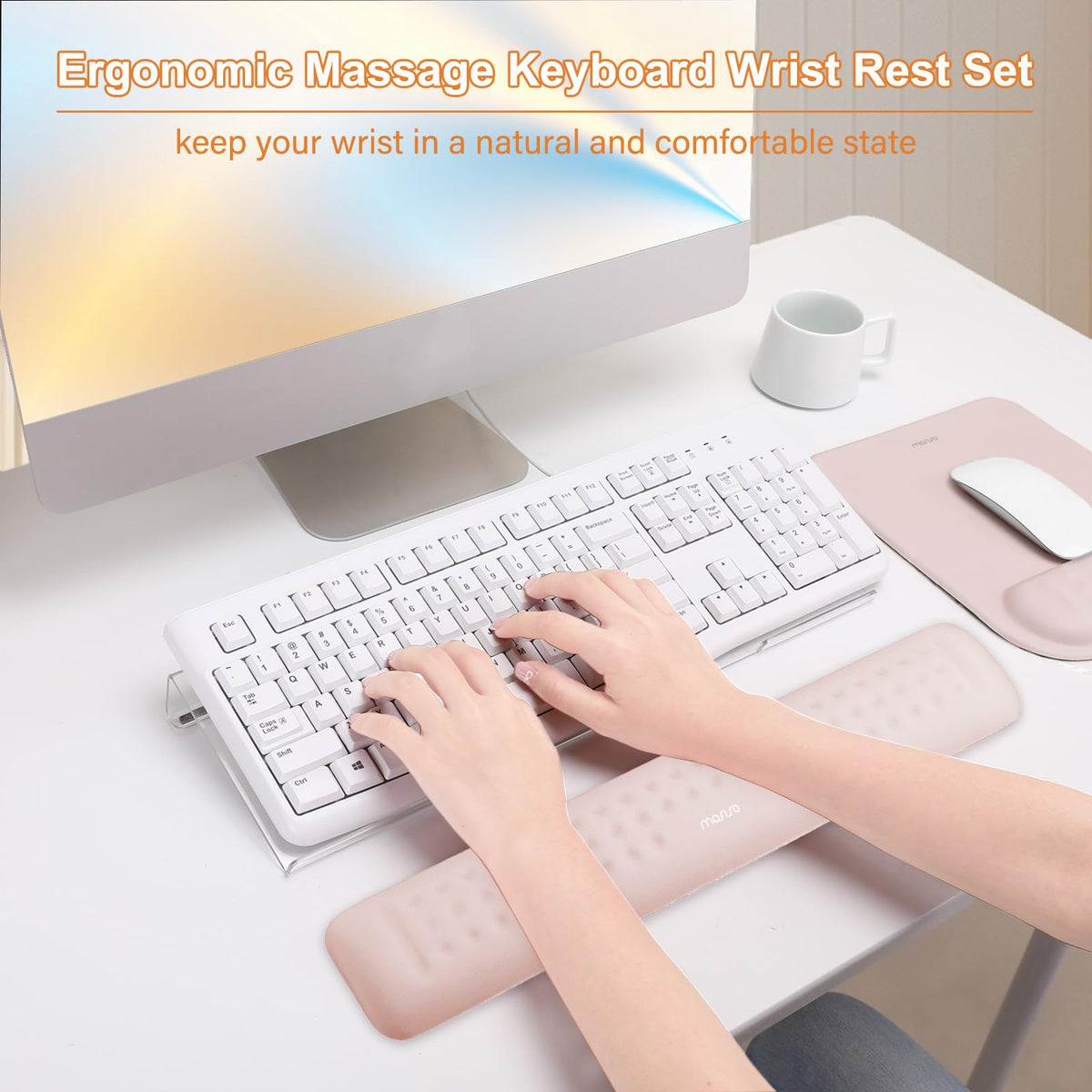 MOSISO Computer Keyboard Stand&Wrist Rest Support for Keyboard &Mouse Pad Set, Ergonomic Massage Wrist Rest Set, Easy Typing Working Acrylic Clear Stand for Office Home, Apricot