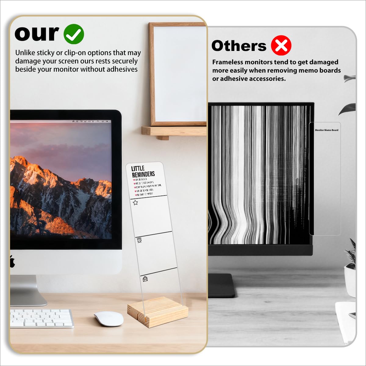 Monitor Memo Board with Removable Wooden Base Acrylic Portable Sticky Note Holder, Little Reminders Sign, Office Desk Set Sticky Notes 100 Sheets