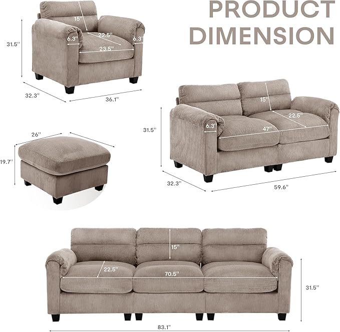 HAOMARKETS Corduroy Sofa Set, Upholstered Armchair and Loveseat Sofa Set of 2