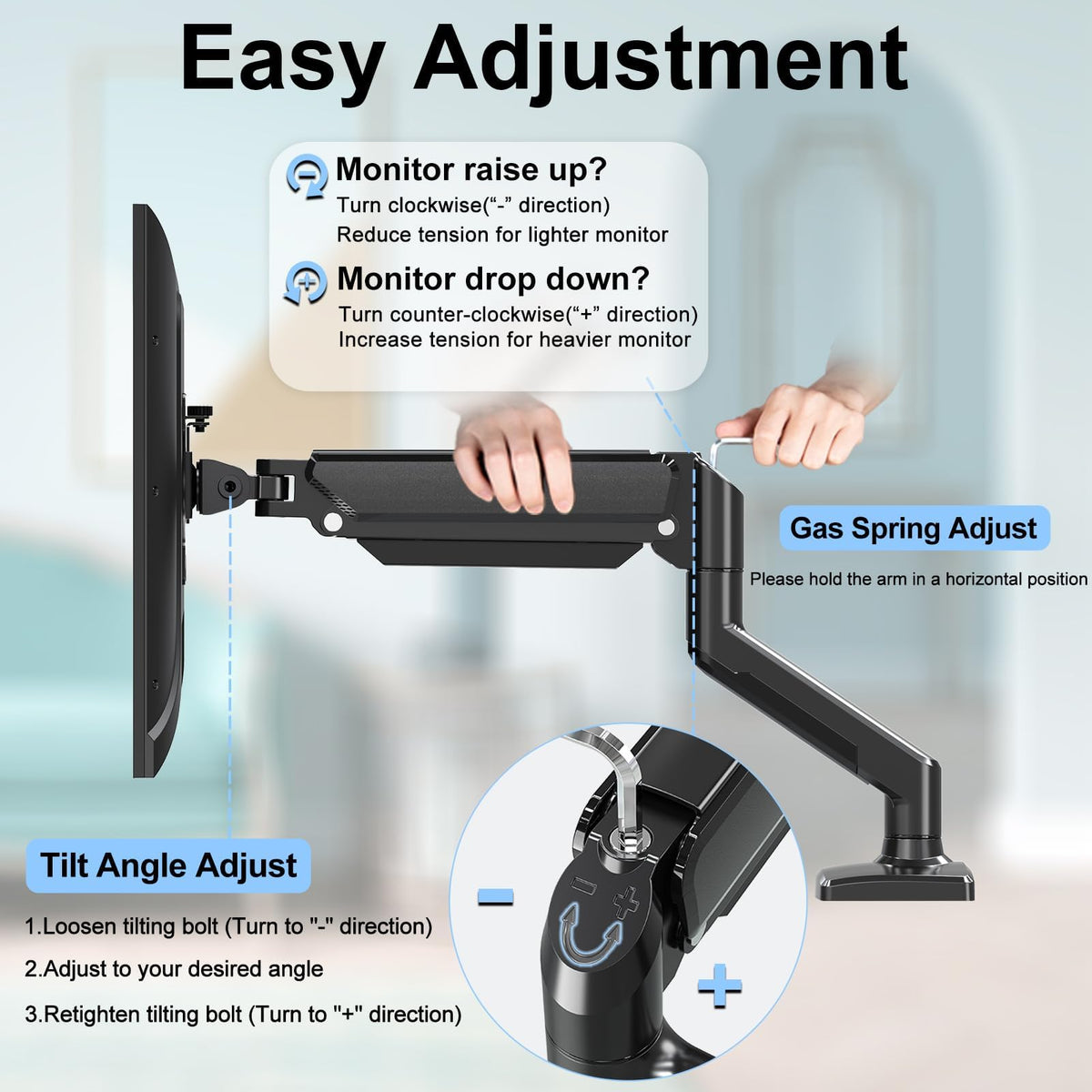 ErgoFocus Dual Monitor Mount Fits 13 to 32 Inch Computer Screen, Dual Monitor Arm Hold 4.4-19.8lbs Each, Full Motion Monitor Desk Mounts for 2 Monitors, Gas Spring Monitor Stand, VESA Mount