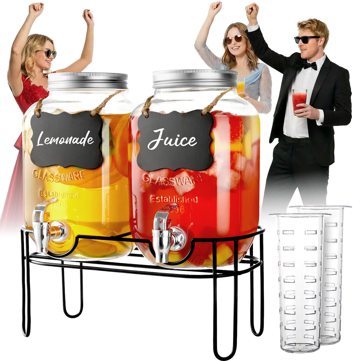 1 Gallon Glass Drink Dispensers For Parties, 2 Pack Beverage Dispenser，Lemonade Dispenser With Fruit Infuser And Stand For BBQ, Picnic, Party,Sun Tea
