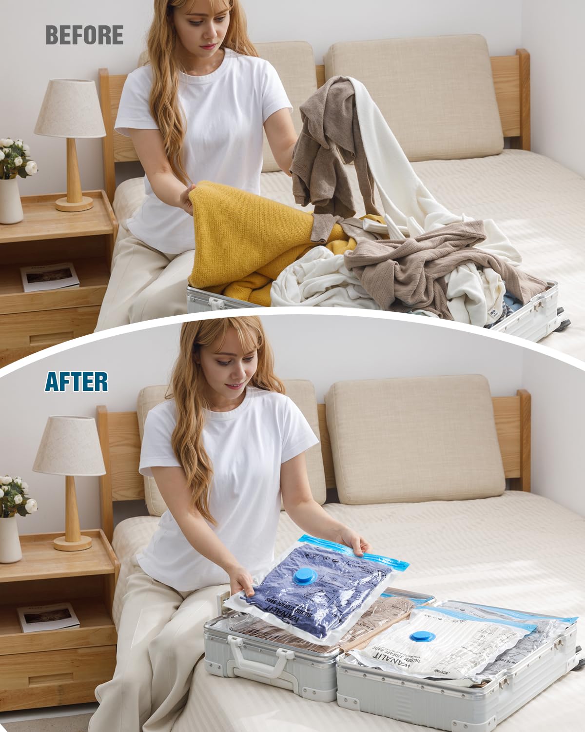 Vacuum Storage Bags for Travel, 8 Pack (4S+4XS) Vacuum Seal Bags with Wireless Rechargeable Electric Pump, Travel Essentials Space Saving Compression Bag for Clothes, Luggage, Suitcase, Backpack, Trip