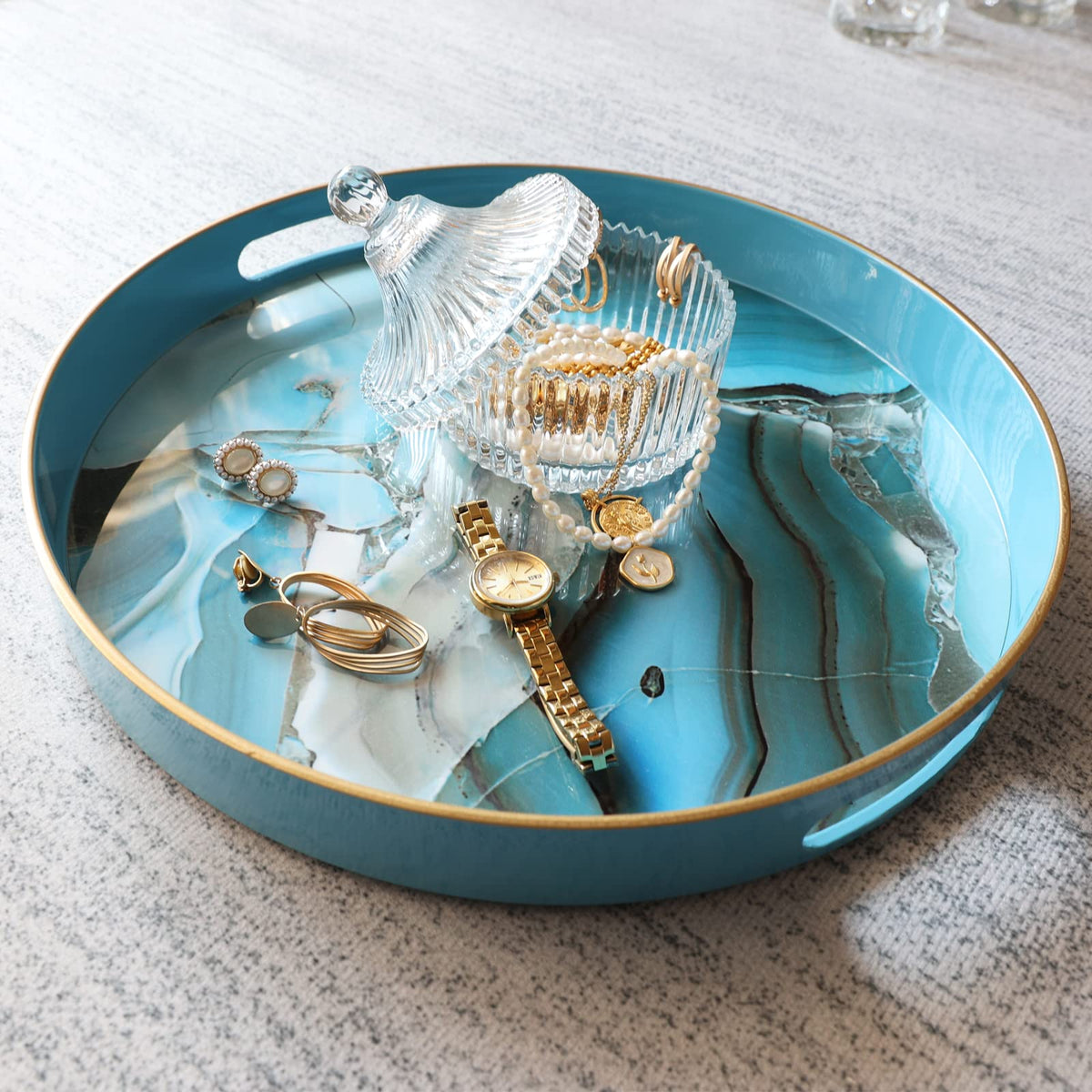 Spsyrine Round Decorative Tray, 13" Plastic Marbel Serving Tray with Handles for Breakfast, Ottoman, Coffee Table, Bathroom, Kitchen, Living Room