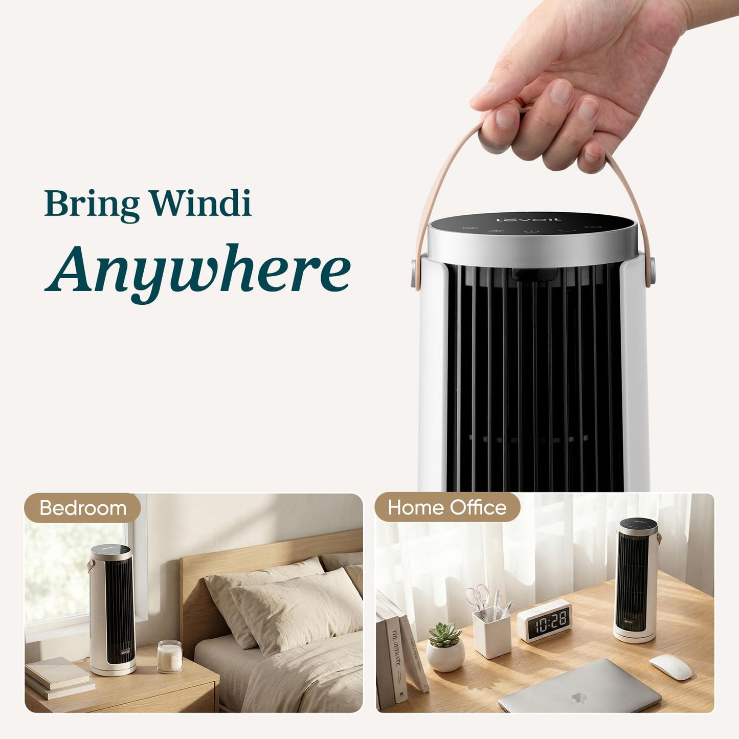 LEVOIT Tower Fan for Bedroom, 20dB Quiet Desk Fan with 23ft/s, Portable & Easy to Carry, 3-Angle & 4-Speed Mini Oscillating Fan, DC Motor, Bladeless, Remoter, 12H Timer, for Home, Room, Office, White
