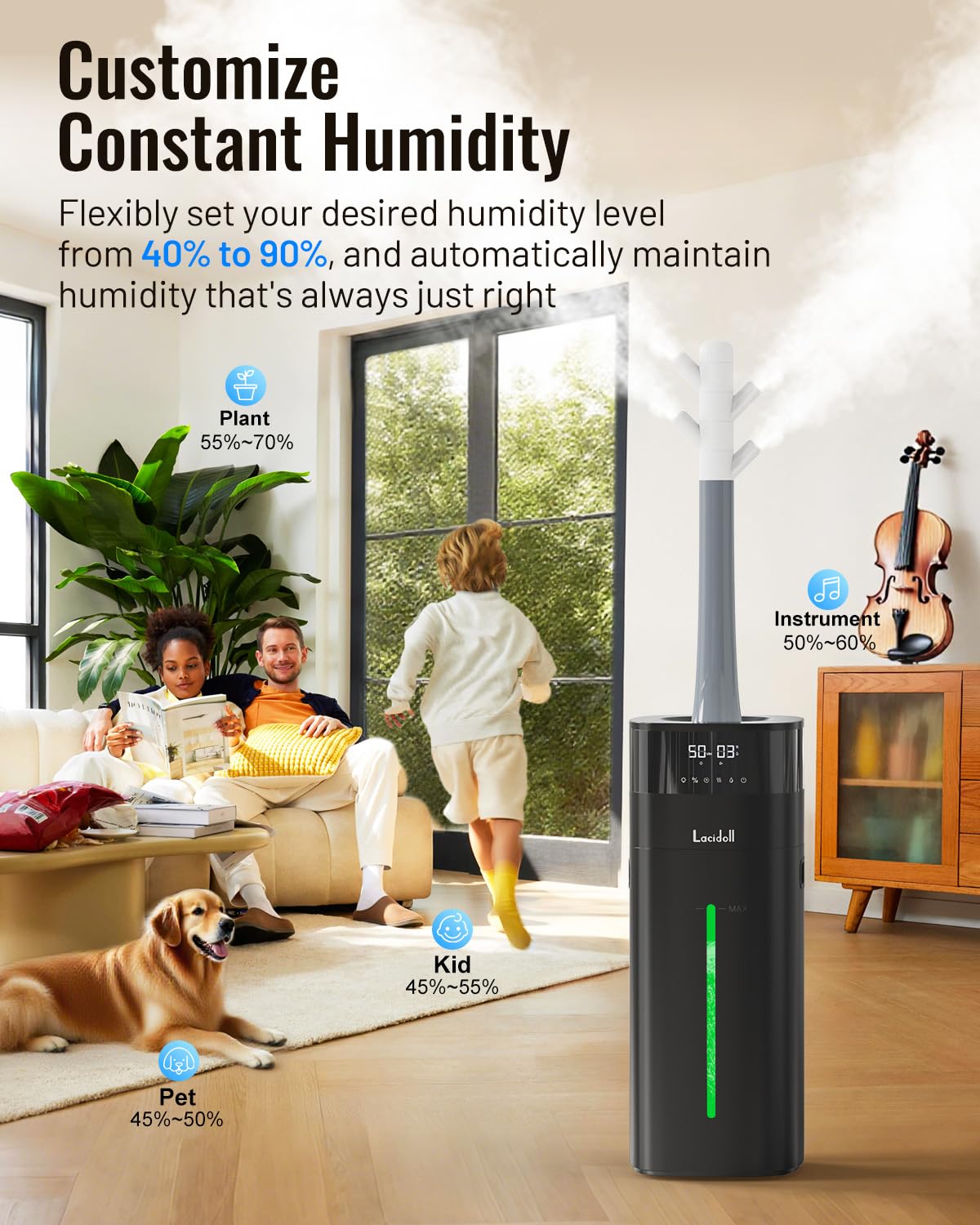 Lacidoll Humidifier Large Room, 5.3Gal/20L Humidifiers for Home 2500 sq ft, Cool Mist Whole House Humidifiers with Diffuser Extended Tube, Top Fill Air Humidifier for Bedroom Nursery Baby Plants Black