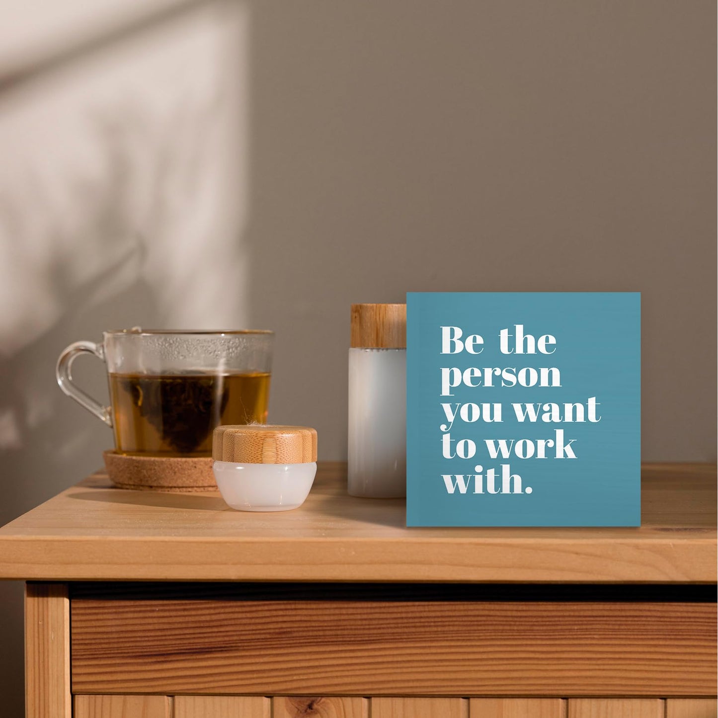 Luipk Be The Person You Want to Work With Inspirational Wood Box Sign Desk Decor 5X5, Teamwork Motivational Blue Green Wooden Block Sign Decorations for Home Office Workplace Wall Tabletop Shelf
