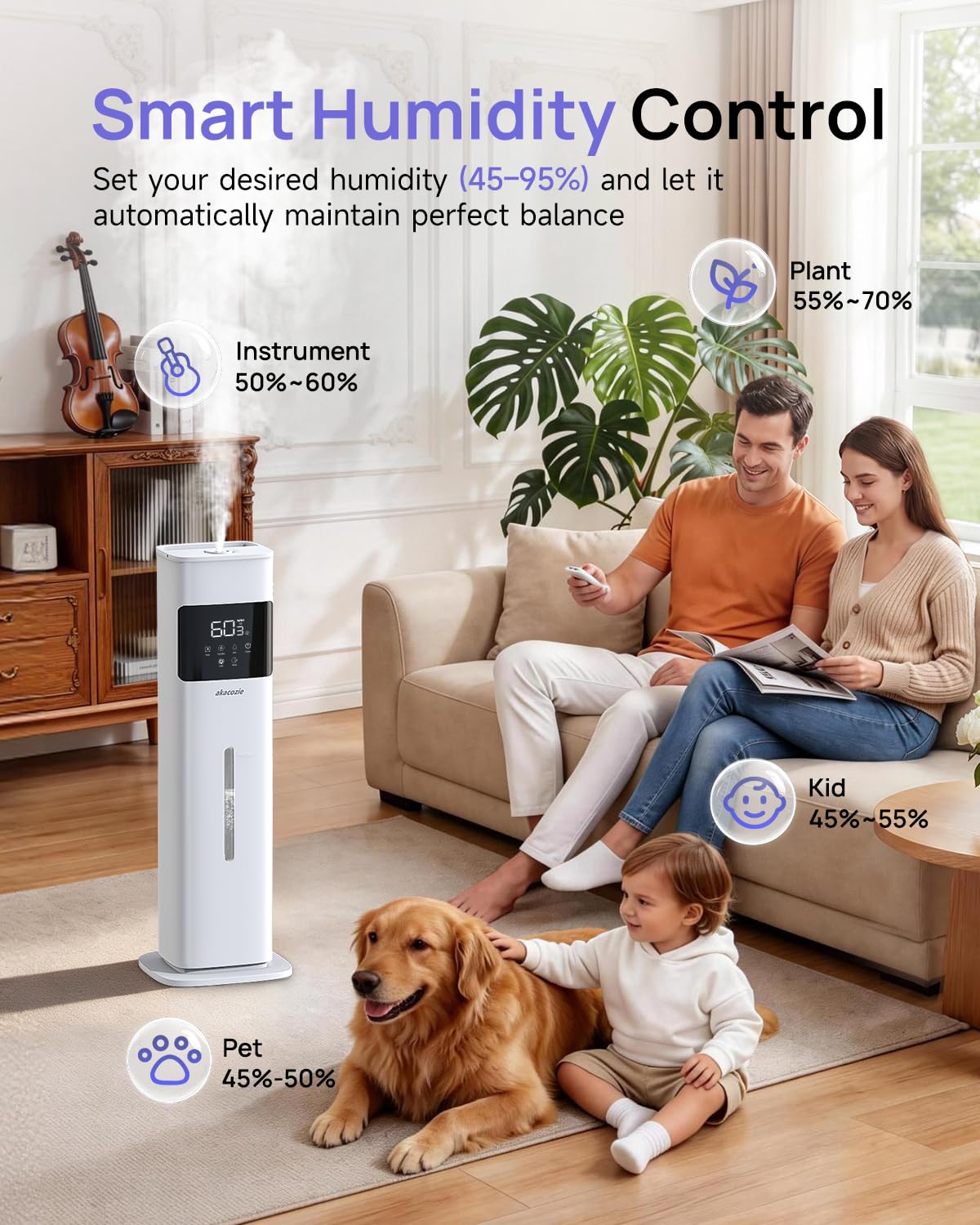 Akacozie Humidifier Large Room, 2.1Gal/8L Cool Mist Humidifiers for Bedroom 500 sq ft, Humidifiers for Home with Essential Oil Diffuser, Top Fill Quiet Humidifier for Baby Nursery Office Plants, White